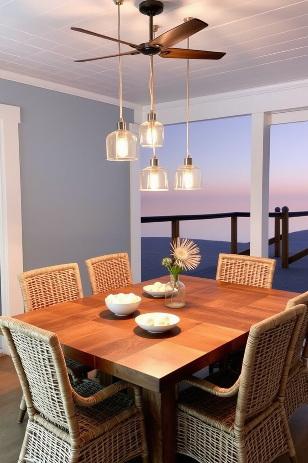 A beach-inspired dining room features a large wooden table adorned with driftwood centerpieces and coastal-themed tableware. Soft blue and sandy beige accents create a serene atmosphere, while large windows allow natural light to flood the space.