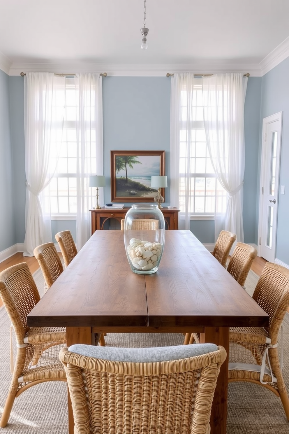 A bright and airy dining room with large windows allowing natural light to flood the space. The walls are adorned with beachy artwork featuring ocean scenes and vibrant colors, creating a relaxed coastal vibe. The dining table is made of reclaimed wood and surrounded by comfortable upholstered chairs in soft blue tones. A large pendant light made of woven rattan hangs above the table, adding to the beach-inspired aesthetic.