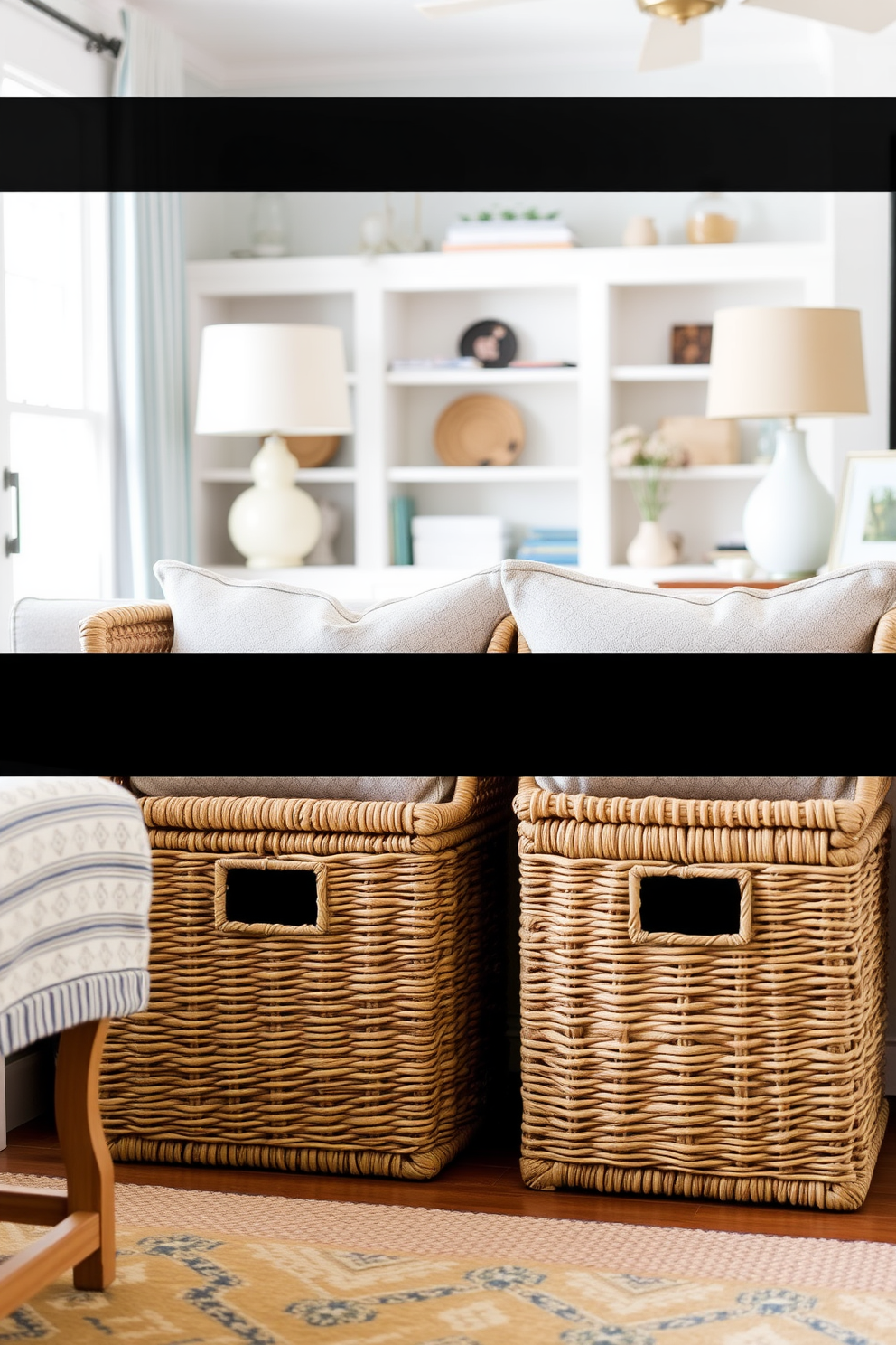 A cozy beach living room features woven baskets for stylish storage, adding texture and functionality to the space. The room is filled with natural light, showcasing soft blue and sandy beige tones that evoke a serene coastal atmosphere.