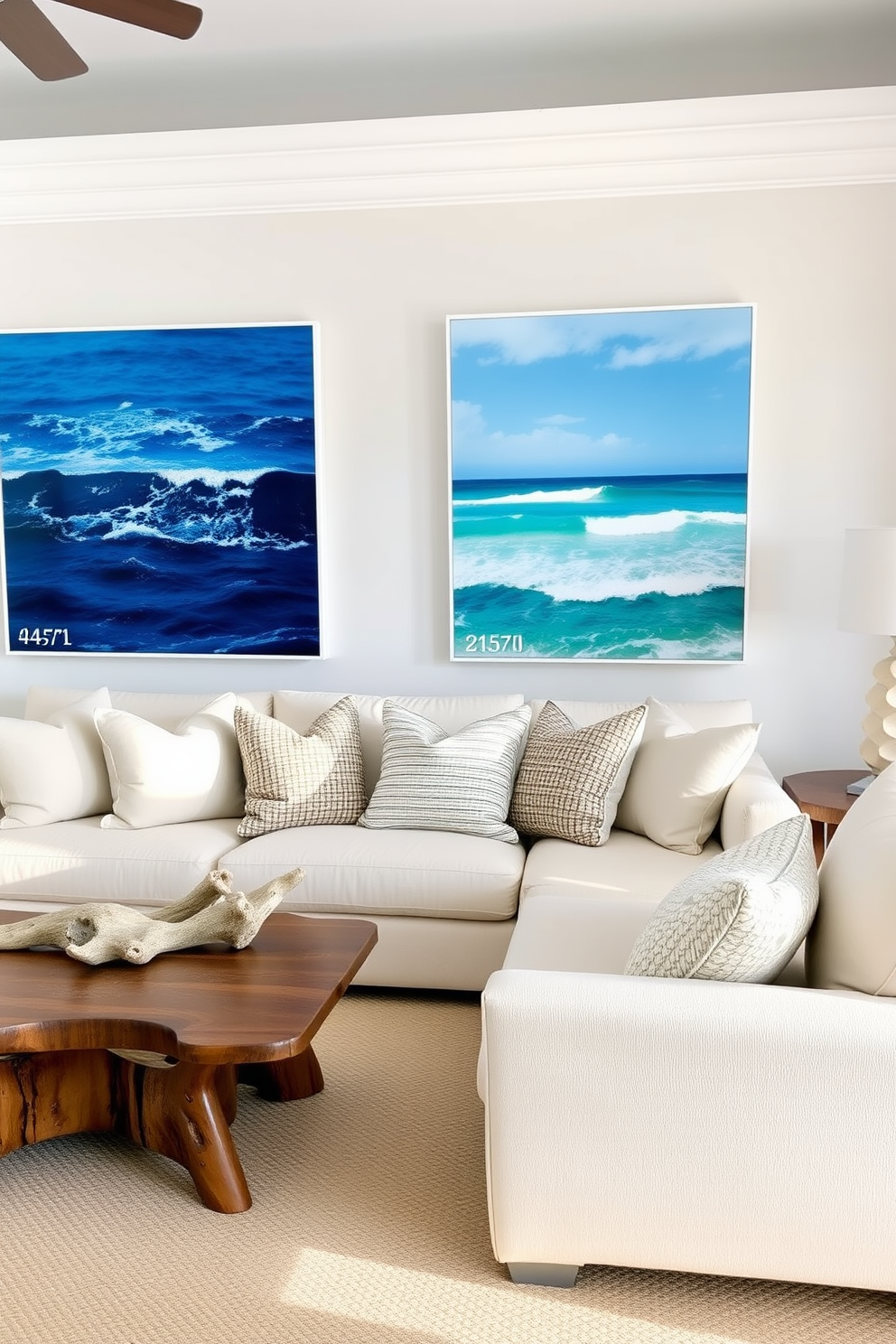 A serene beach living room features large ocean art prints adorning the walls, showcasing vibrant blues and calming sea tones. The space is filled with natural light, highlighting a plush cream-colored sofa paired with driftwood coffee tables and soft, textured throw pillows.