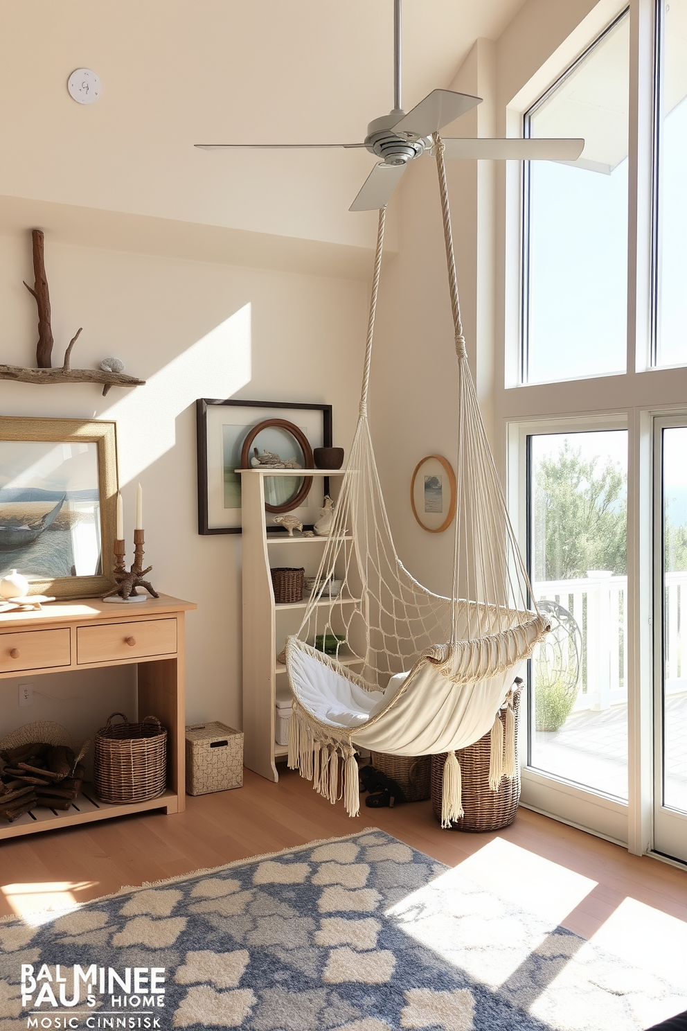 A cozy beach living room features a hammock chair suspended from the ceiling, inviting relaxation and comfort. Soft, sandy-colored walls complement the natural light streaming in through large windows, creating a serene atmosphere. The room is adorned with nautical-themed decor, including driftwood accents and seashell decorations. A plush area rug in shades of blue and white anchors the space, enhancing the coastal vibe.