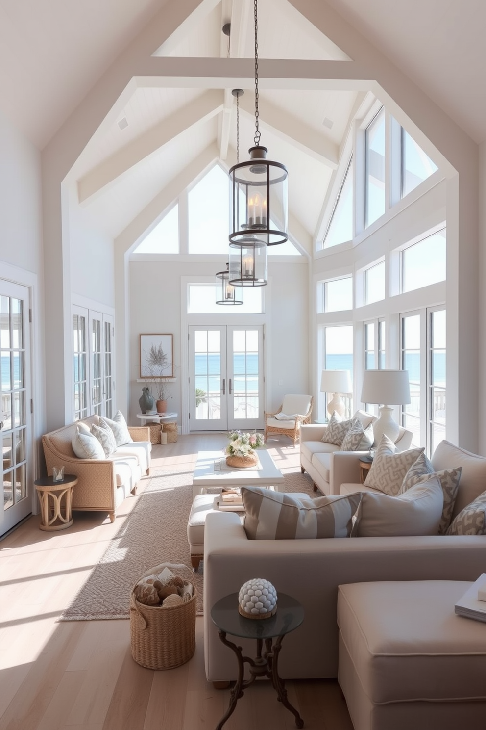 A bright and airy beach living room features large windows that allow natural light to flood the space. Soft white walls are complemented by light wooden flooring and comfortable, neutral-toned furniture that invites relaxation. Glass lanterns hang from the ceiling, casting a warm and inviting glow throughout the room. The decor includes coastal accents such as seashells and driftwood, enhancing the beachy vibe while maintaining a sophisticated aesthetic.