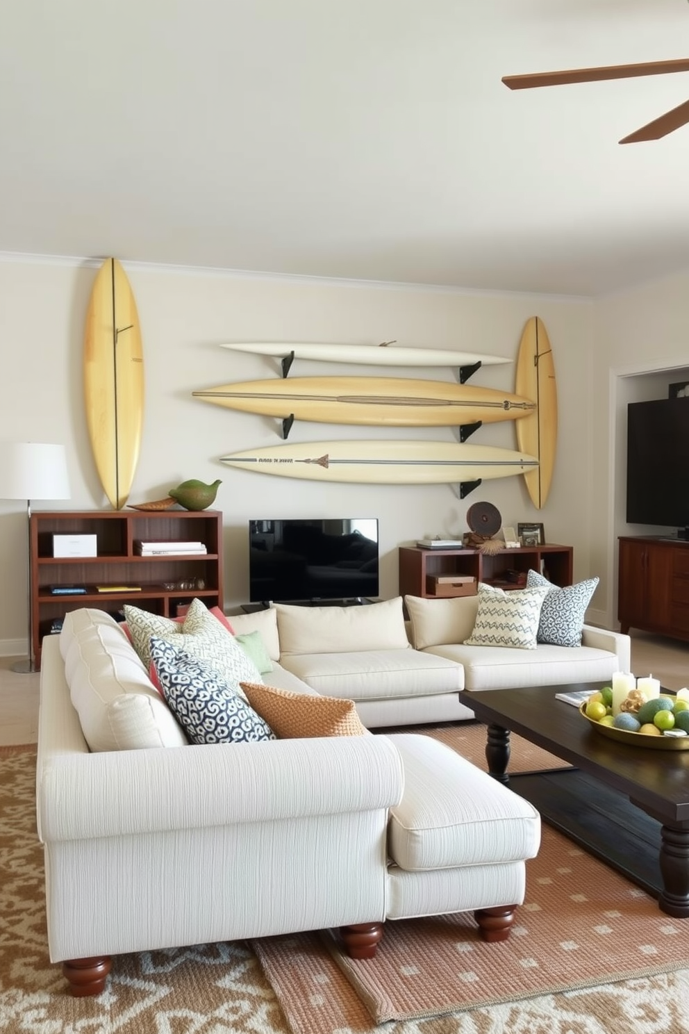 A beach living room features vintage surfboards mounted as wall art, adding a playful yet nostalgic touch to the space. The room is filled with soft, sandy tones and natural textures, creating a relaxed and inviting atmosphere.