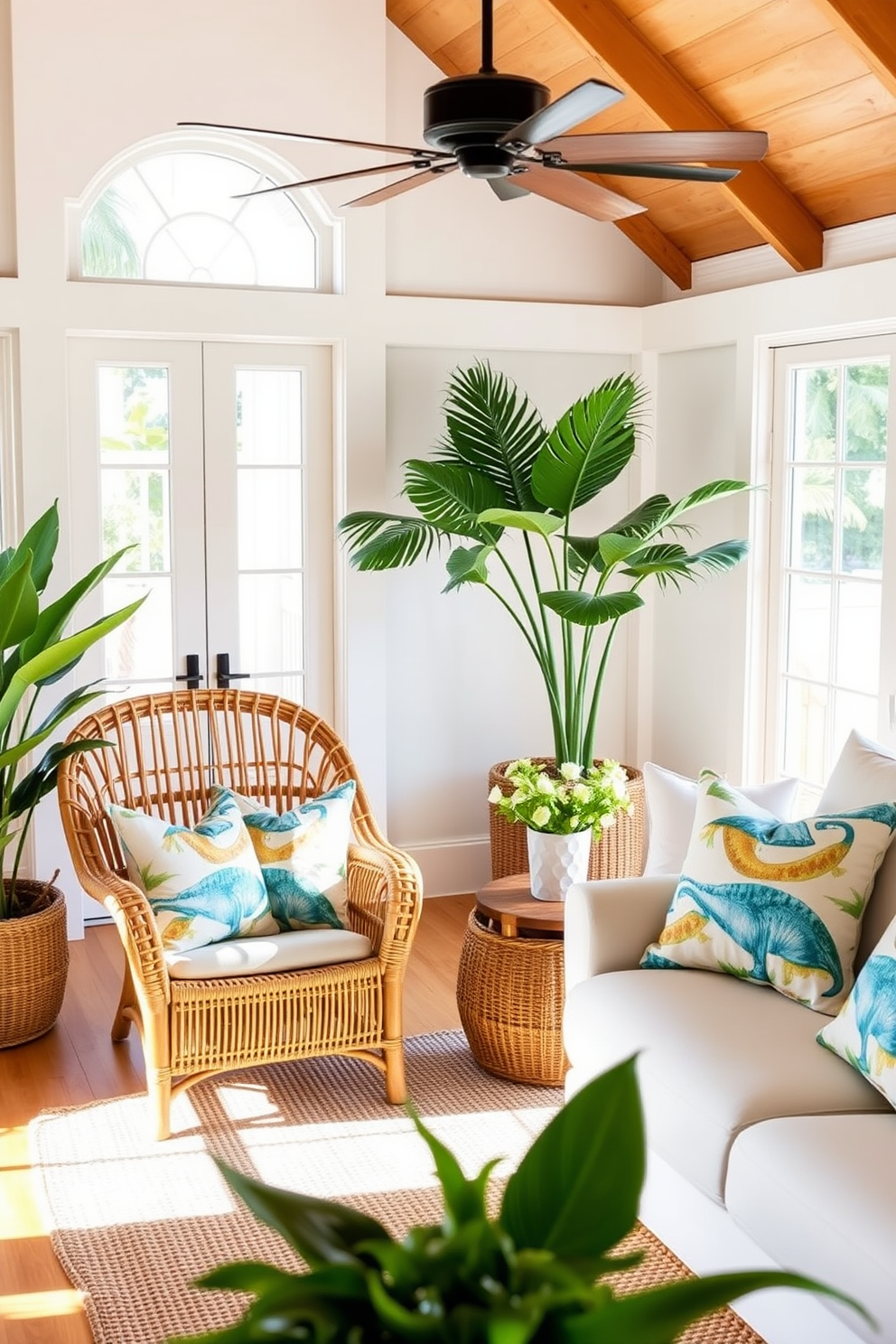 A bright and airy beach living room features rattan chairs that bring a tropical touch to the space. The chairs are paired with a light-colored sofa and adorned with vibrant throw pillows showcasing ocean-inspired patterns. Large windows allow natural light to flood the room, enhancing the coastal vibe. A woven area rug anchors the seating area, while potted plants add a refreshing burst of greenery.