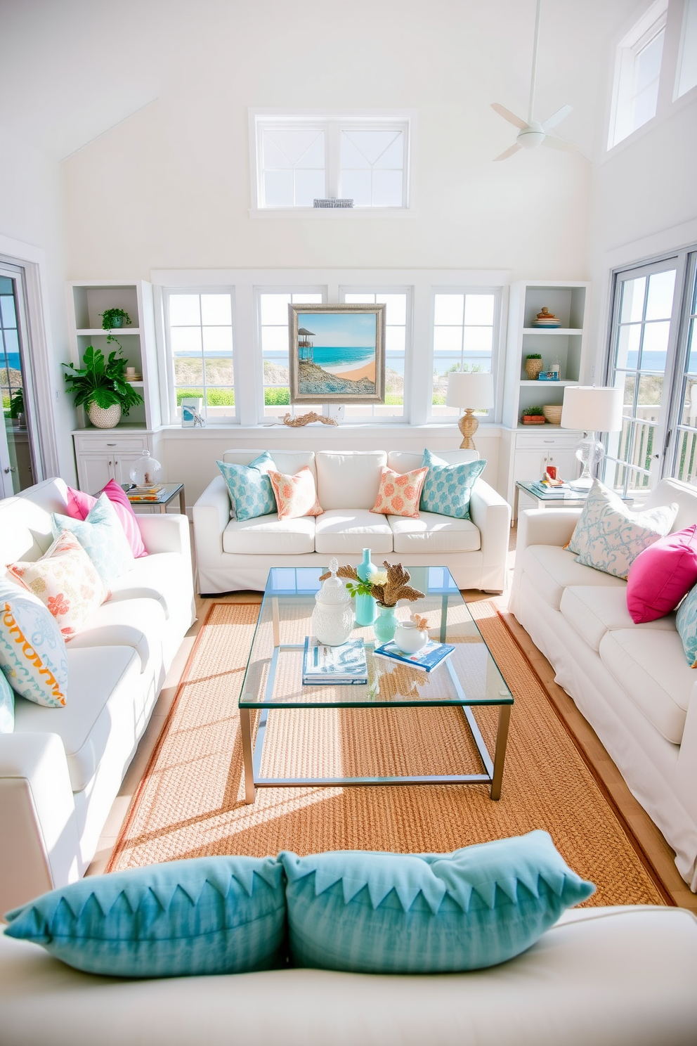 A glass coffee table sits at the center of a bright and airy beach-themed living room. Surrounding the table are plush white sofas adorned with colorful throw pillows, creating a relaxed and inviting atmosphere. The walls are painted in soft pastel hues, reminiscent of ocean waves, while large windows allow natural light to flood the space. A woven area rug anchors the seating area, and coastal decor items like seashells and driftwood add charm to the overall design.