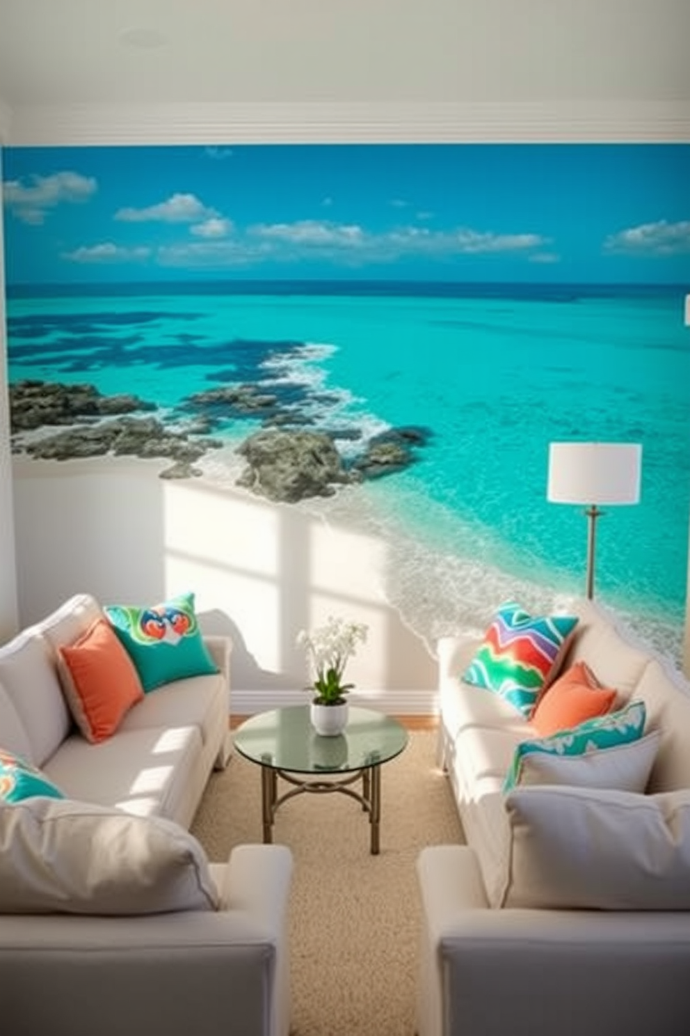 A bright and airy living room featuring an accent wall adorned with a stunning ocean mural that captures the essence of a serene beach. The space is filled with comfortable seating in soft neutral tones, complemented by vibrant throw pillows that echo the colors of the mural.