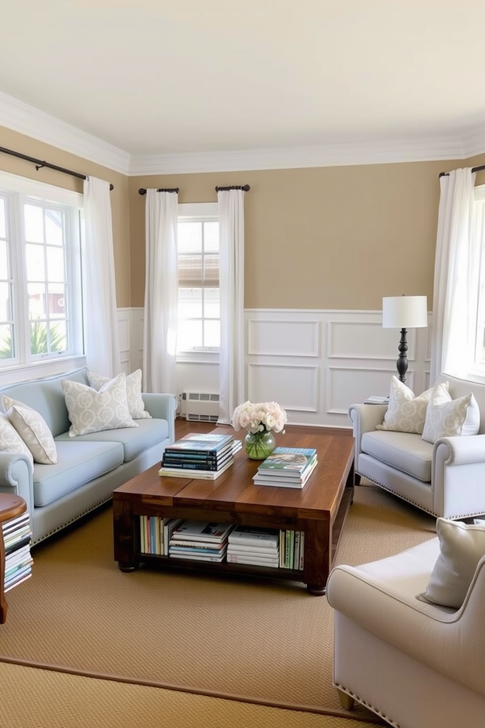 A coastal-themed living room featuring a comfortable light blue sofa adorned with white and beige throw pillows. A large coffee table made of reclaimed wood sits in the center, surrounded by a collection of beach-themed books and magazines stacked neatly on one side. The walls are painted in a soft sandy beige, complemented by white wainscoting that adds a touch of elegance. Large windows draped with sheer white curtains allow natural light to flood the space, enhancing the airy and relaxed atmosphere.