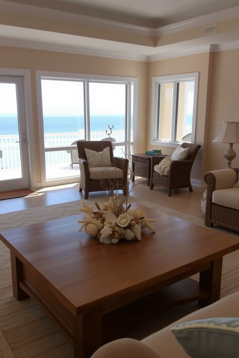 A serene beach living room featuring a large wooden coffee table at the center. On the table, a stunning centerpiece made of seashells and coral adds a touch of coastal elegance. The walls are painted in a soft sandy beige, creating a warm and inviting atmosphere. Large windows allow natural light to flood the space, showcasing a view of the ocean beyond.