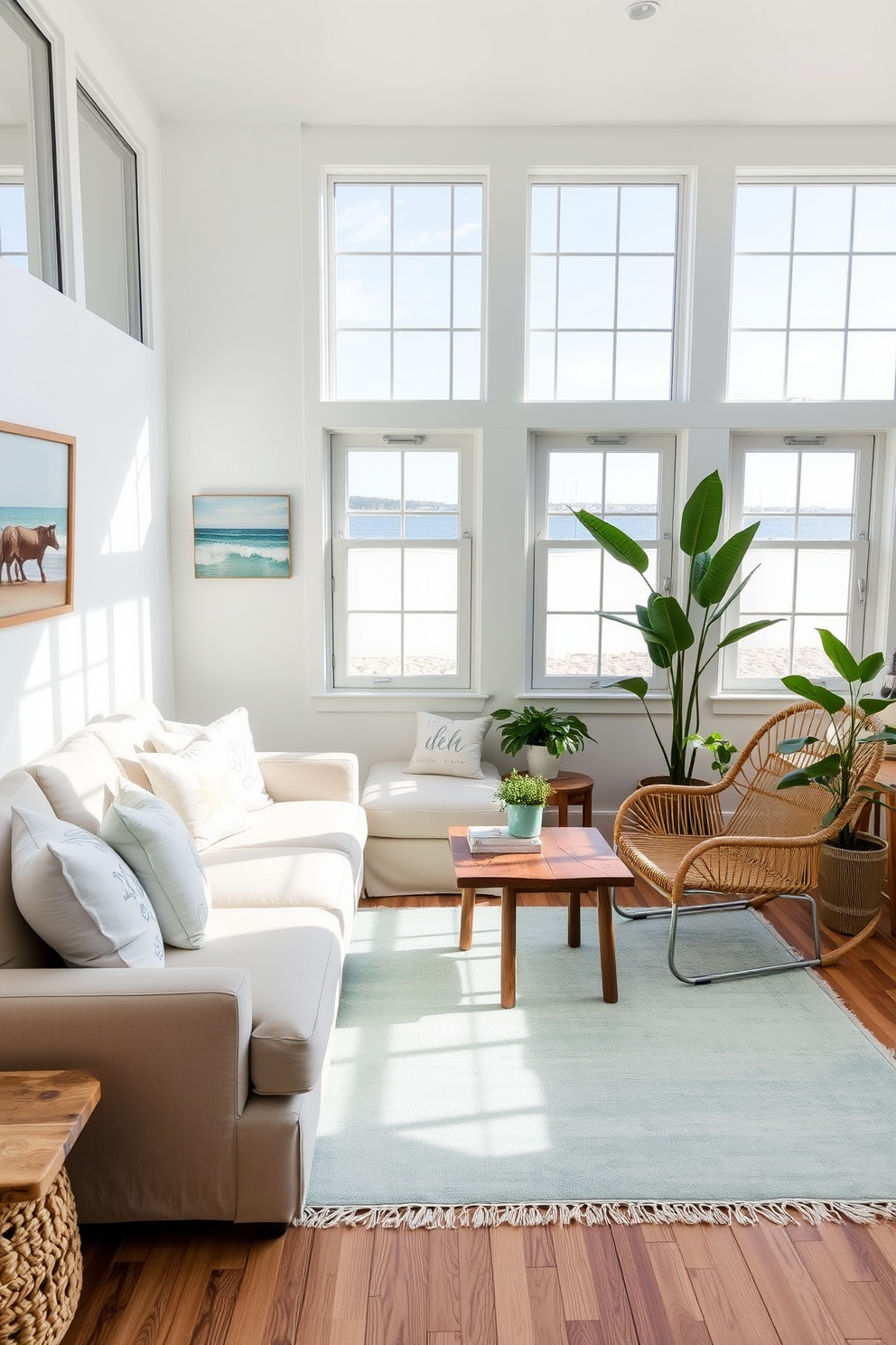 A beach-inspired living room with large windows allowing natural light to flood in. The space features a soft, sandy-colored sofa adorned with ocean-themed throw pillows and a light blue area rug. In the corner, a rattan chair is paired with a small side table made of reclaimed wood. Coastal artwork hangs on the walls, and potted plants bring a touch of greenery to the serene atmosphere.