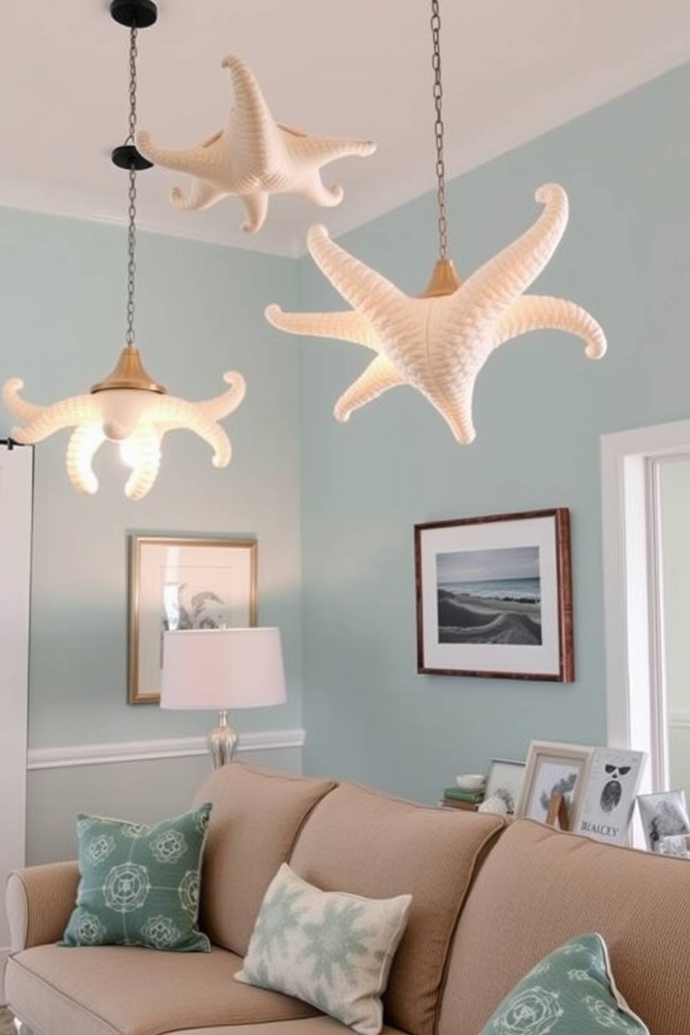 A beach-inspired living room features light fixtures that resemble various sea creatures, adding a whimsical touch to the space. The walls are painted in soft ocean hues, while a plush sofa invites relaxation with its coastal-themed cushions.