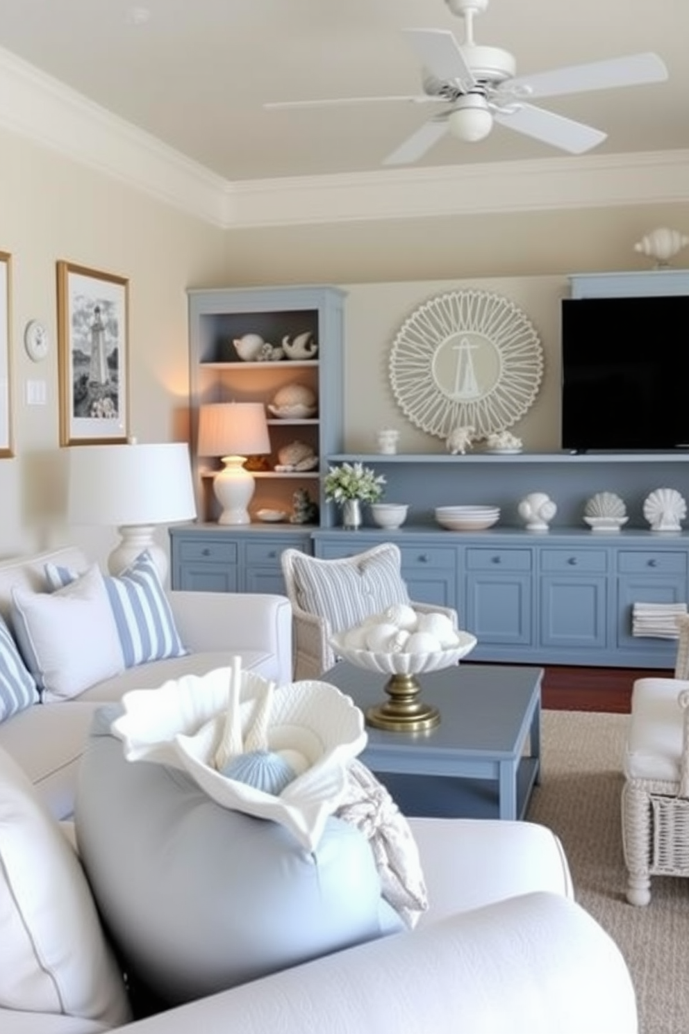 A serene beach living room featuring nautical-themed decor with soft blue and white color palettes. The space is adorned with seashell accents, including decorative bowls and wall art, creating a tranquil coastal atmosphere.