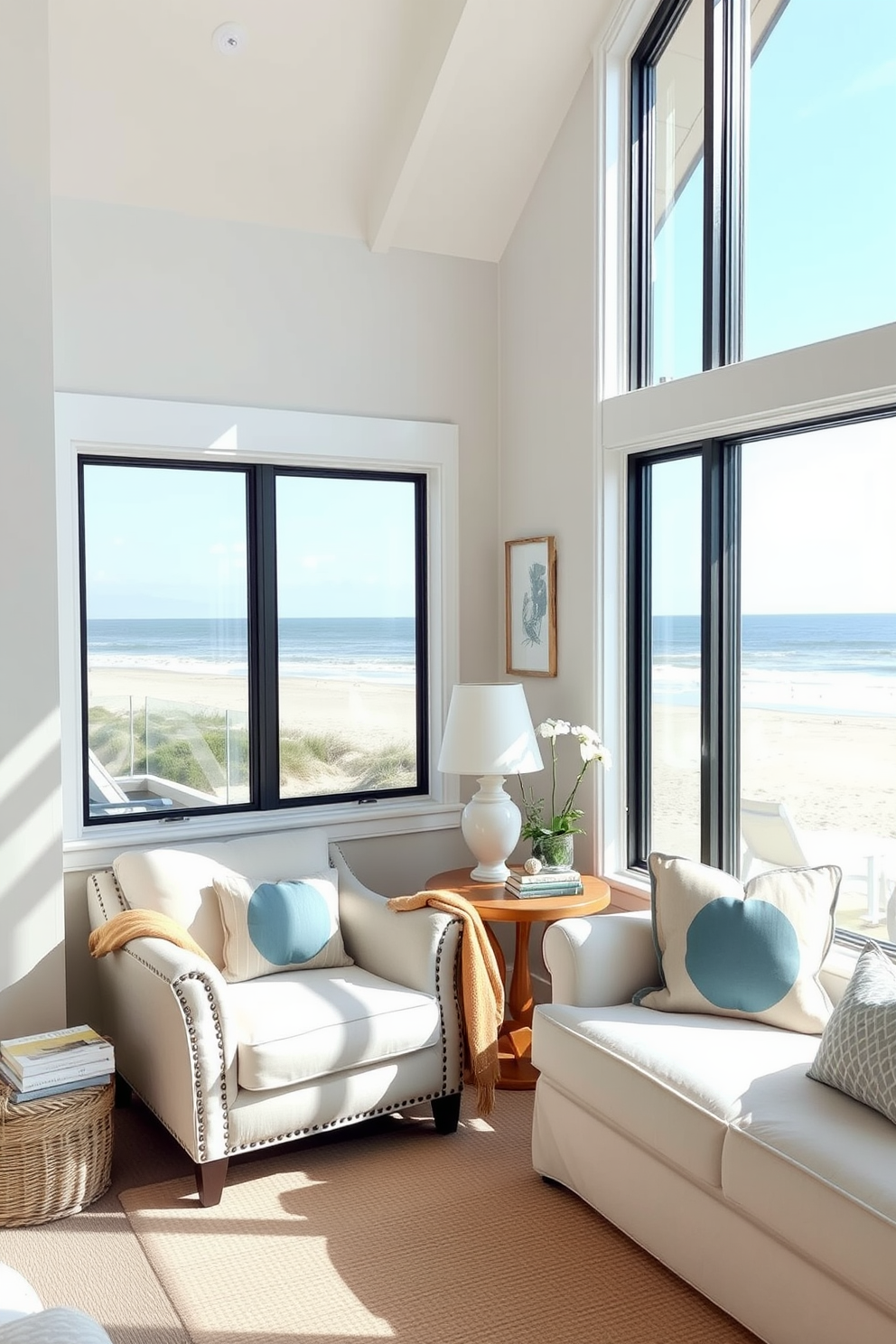 A cozy reading nook is situated by a large window that lets in ample natural light. The space features a plush armchair in soft pastel hues, accompanied by a small side table stacked with books and a warm throw blanket. The beach living room exudes a fresh and airy vibe with light-colored furniture and nautical decor. Large windows offer stunning views of the ocean, while soft blue and sandy beige tones create a calming atmosphere.