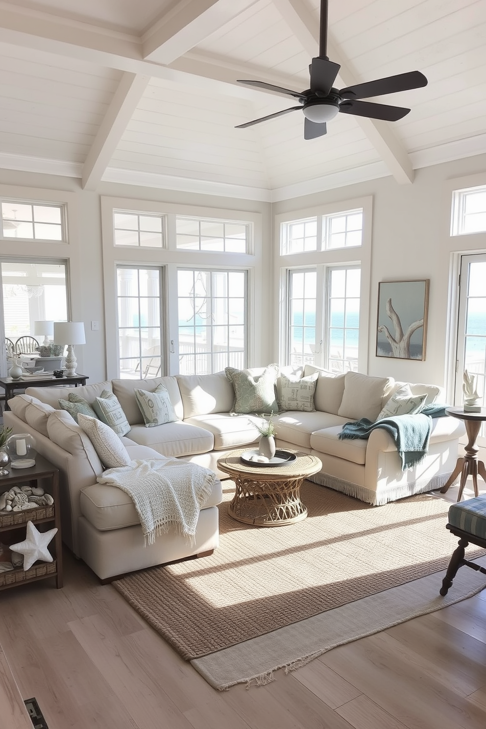 A cozy sectional in neutral tones is the centerpiece of the beach living room, inviting relaxation and comfort. Large windows allow natural light to flood the space, highlighting the soft textures of the cushions and throws. Surrounding the sectional are light wood accents and coastal decor, including seashells and driftwood art. A woven area rug anchors the seating area, complementing the airy and serene atmosphere of the beach-inspired design.