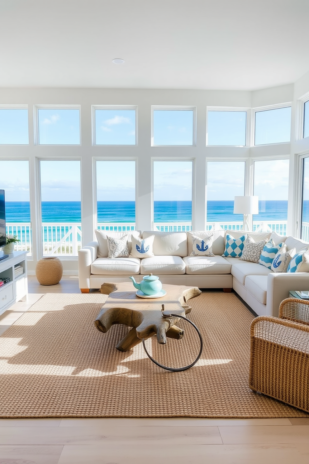 A bright and airy beach living room features large windows that showcase stunning ocean views. The space is filled with natural light, highlighting soft blue and sandy beige tones in the decor. Comfortable seating arrangements include a plush sectional sofa adorned with nautical-themed cushions. A rustic coffee table made of driftwood sits in the center, surrounded by light woven rugs that evoke a coastal vibe.