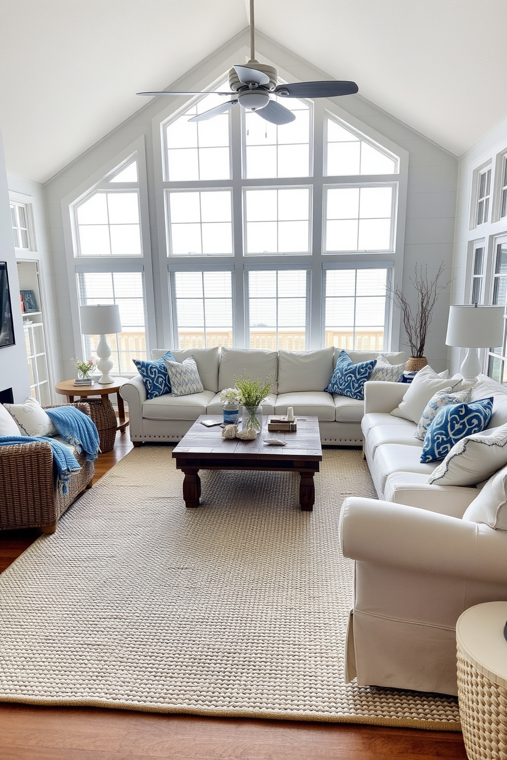 A cozy beach living room featuring a large textured rug that adds warmth and comfort to the space. The room is adorned with light-colored furniture, soft cushions, and large windows that allow natural light to flood in, creating a serene coastal atmosphere. Bright accents in shades of blue and white enhance the beachy vibe, while decorative elements like seashells and driftwood bring the essence of the ocean indoors. A comfortable seating area invites relaxation, complemented by a coffee table made of reclaimed wood for a rustic touch.