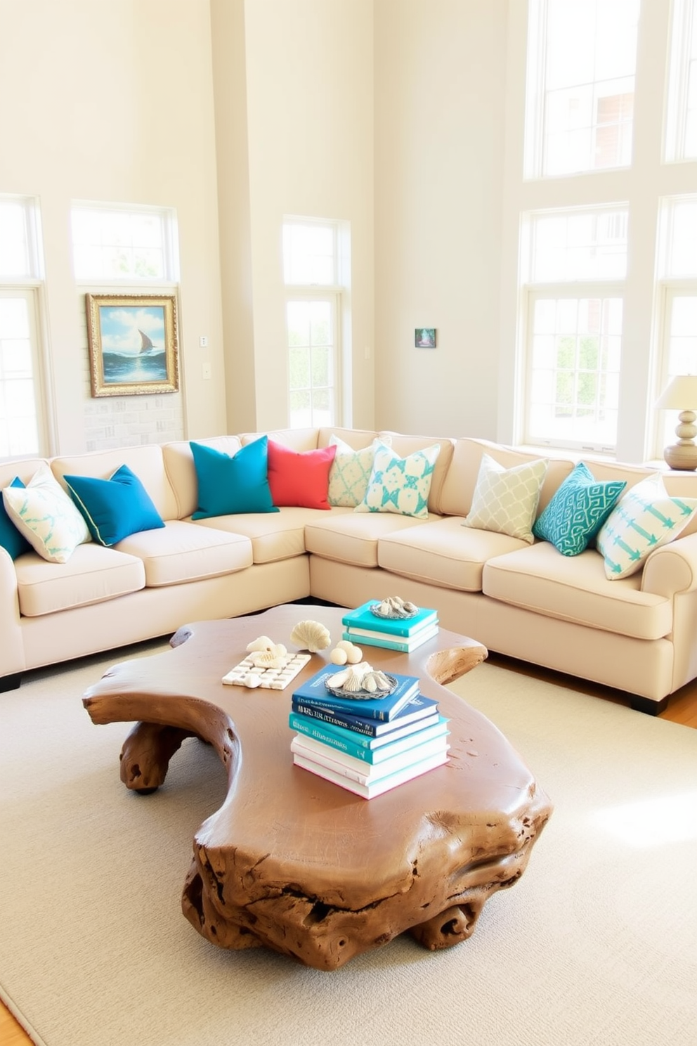 Bright throw pillows in ocean colors are scattered across a light beige sectional sofa, creating a vibrant and inviting atmosphere. A large area rug with a subtle wave pattern anchors the seating area, while large windows allow natural light to flood the space. The walls are painted a soft sandy hue, complementing the coastal theme of the room. A driftwood coffee table sits at the center, adorned with a collection of seashells and a stack of beach-themed books.