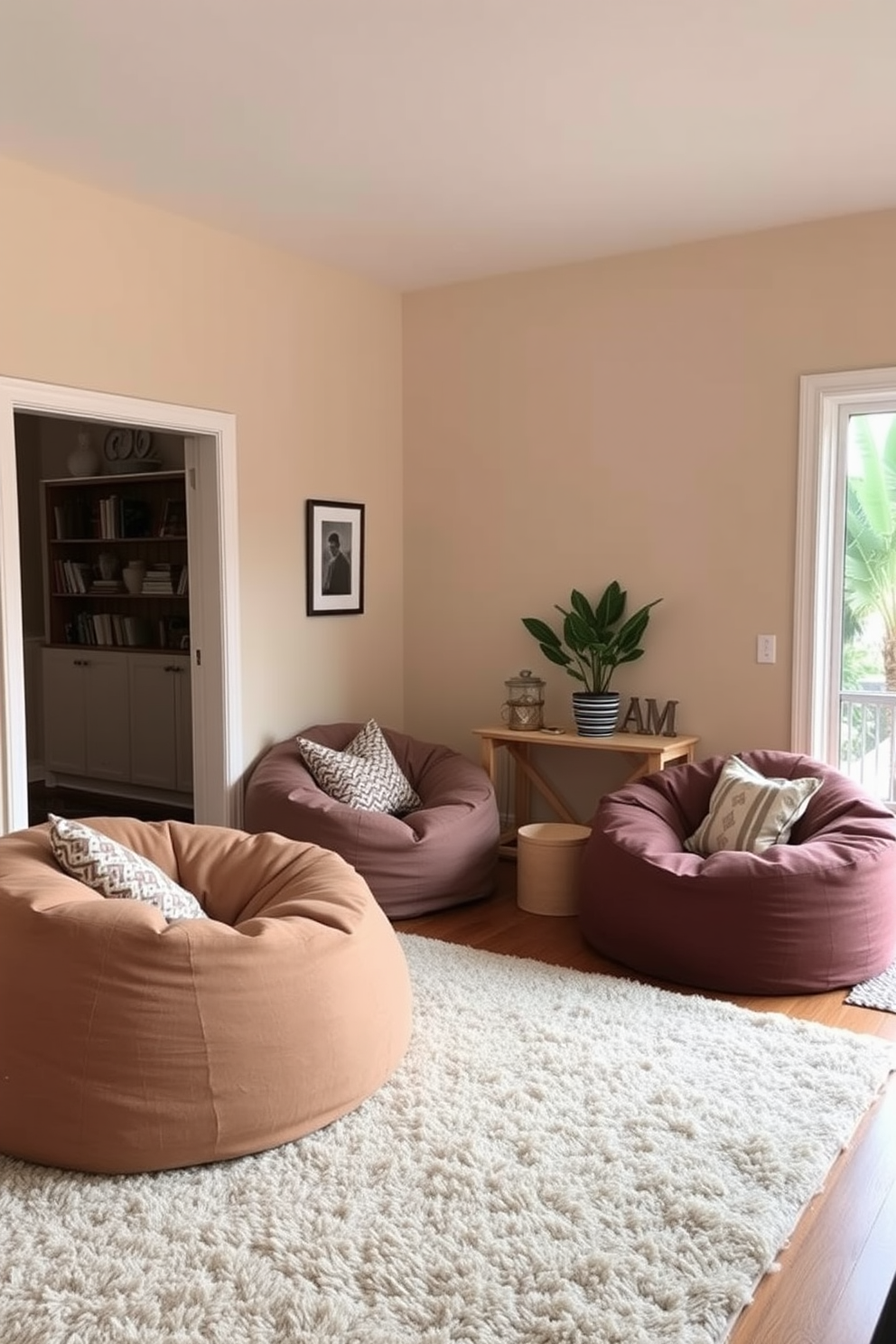 A cozy corner filled with oversized bean bags creates an inviting atmosphere perfect for relaxation. Soft, plush textures in warm colors invite you to sink in and unwind while surrounded by soft lighting and decorative pillows. The space is framed by large windows that allow natural light to flood in, enhancing the warmth of the room. A small side table holds a stack of books and a steaming cup of tea, completing this comfortable living room design.