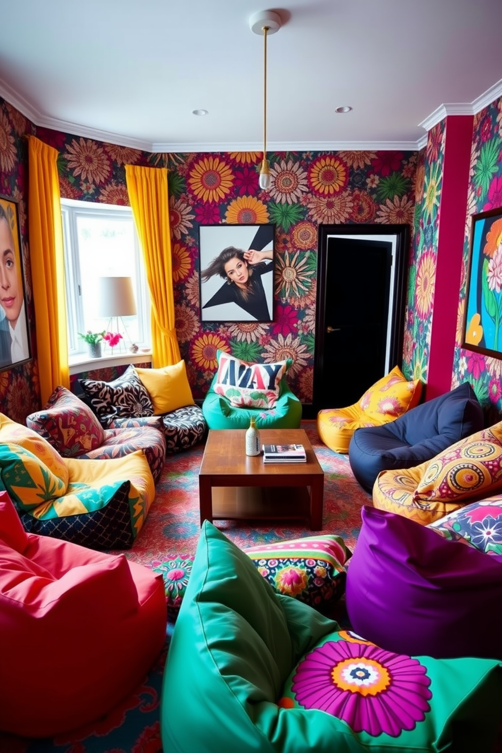 A vibrant living room filled with bean bags in bold patterns and prints. The space features a mix of geometric and floral designs, creating an eclectic and inviting atmosphere. Colorful bean bags are arranged around a low coffee table, encouraging casual gatherings and relaxation. The walls are adorned with art that complements the lively colors of the bean bags, enhancing the overall playful vibe of the room.