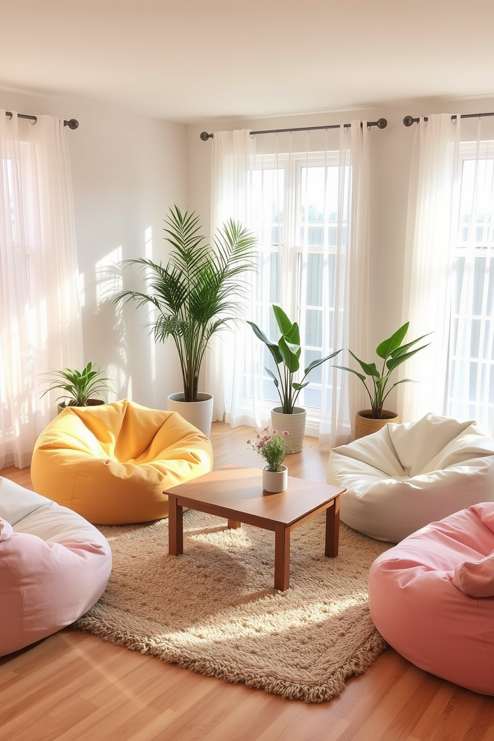 A cozy living room featuring bean bags in soft pastel colors arranged in a semi-circle around a low wooden coffee table. The walls are painted in a light neutral tone, and a plush area rug adds warmth to the space. Natural light streams in through large windows adorned with sheer curtains, creating an inviting atmosphere. A few potted plants are strategically placed around the room to enhance the cheerful ambiance.