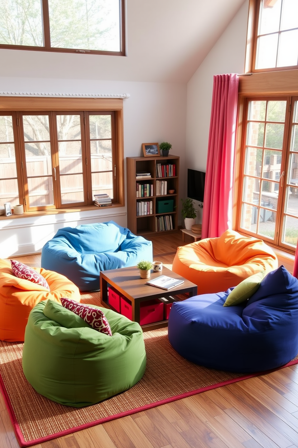 A cozy living room featuring functional storage bean bags that blend seamlessly with the decor. The bean bags are designed with stylish fabrics and vibrant colors, providing both comfort and practicality for storing clutter. The layout includes a spacious area with a soft rug underneath, surrounded by a modern coffee table and stylish shelving. Natural light streams in through large windows, enhancing the inviting atmosphere of the space.