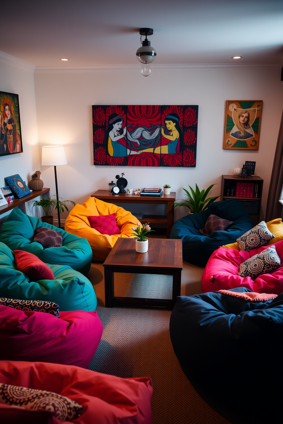 A cozy living room features colorful bean bags arranged casually around a low wooden coffee table. The space is filled with soft lighting and vibrant wall art, creating an inviting atmosphere for relaxation and conversation.