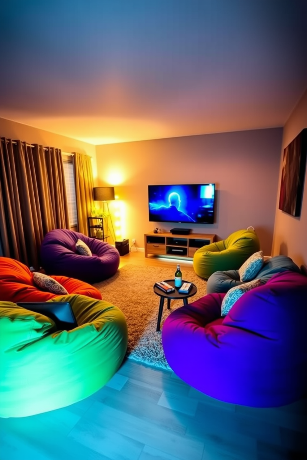 A cozy living room designed for a relaxed movie night. The space features oversized bean bags in vibrant colors arranged around a large flat-screen TV. Soft ambient lighting creates a warm atmosphere, while a plush area rug anchors the seating area. A small side table holds snacks and drinks, enhancing the inviting environment.