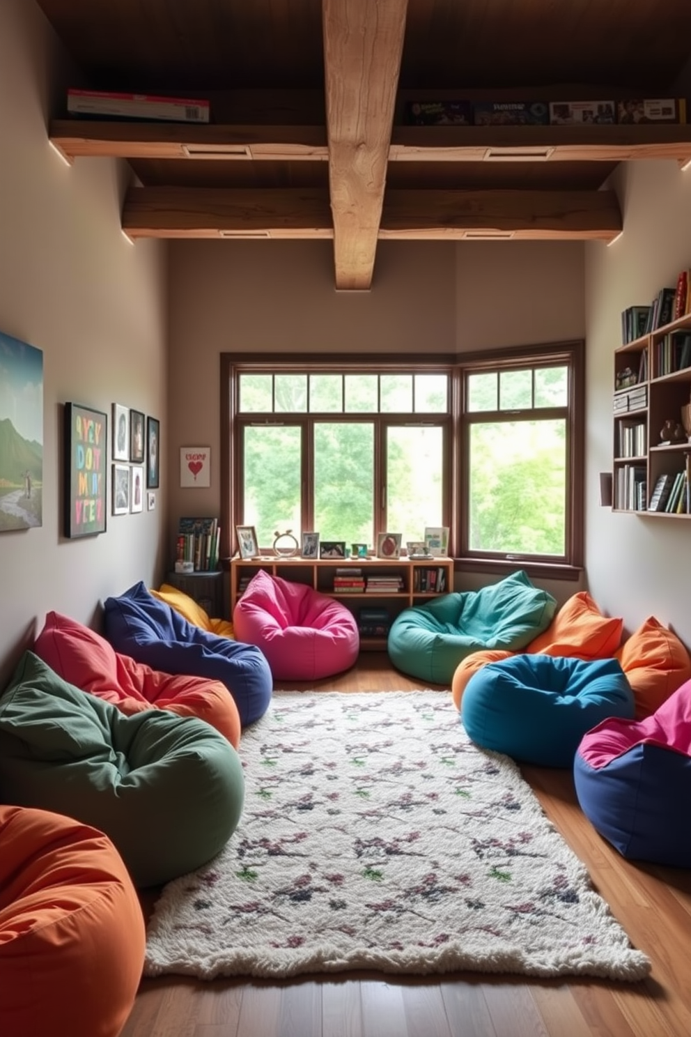 A cozy living room setup featuring vibrant bean bags paired with matching ottomans. The bean bags are arranged around a low coffee table, creating an inviting space for relaxation and conversation. The room is decorated with soft ambient lighting and colorful throw pillows that complement the bean bags. A plush area rug anchors the seating area, adding warmth and texture to the design.