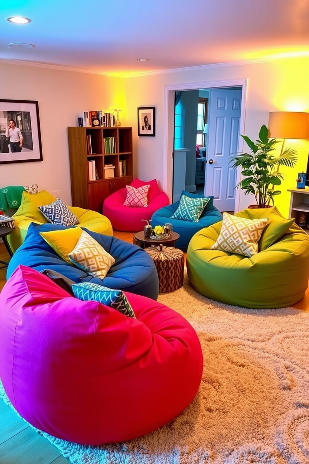 A cozy living room featuring colorful bean bags paired with matching throw pillows. The space is designed for relaxation, with a soft area rug beneath and warm ambient lighting creating an inviting atmosphere.