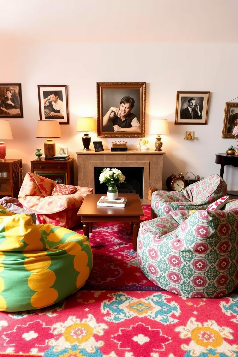 Vintage style bean bags create a cozy and inviting atmosphere in a retro-themed living room. The space features bright patterned bean bags scattered around a low wooden coffee table, surrounded by eclectic decor elements that reflect the charm of bygone eras. Soft lighting from vintage-inspired lamps casts a warm glow, enhancing the nostalgic feel of the room. A bold, colorful area rug anchors the seating area, while framed artwork from the past adorns the walls, completing the retro vibe.