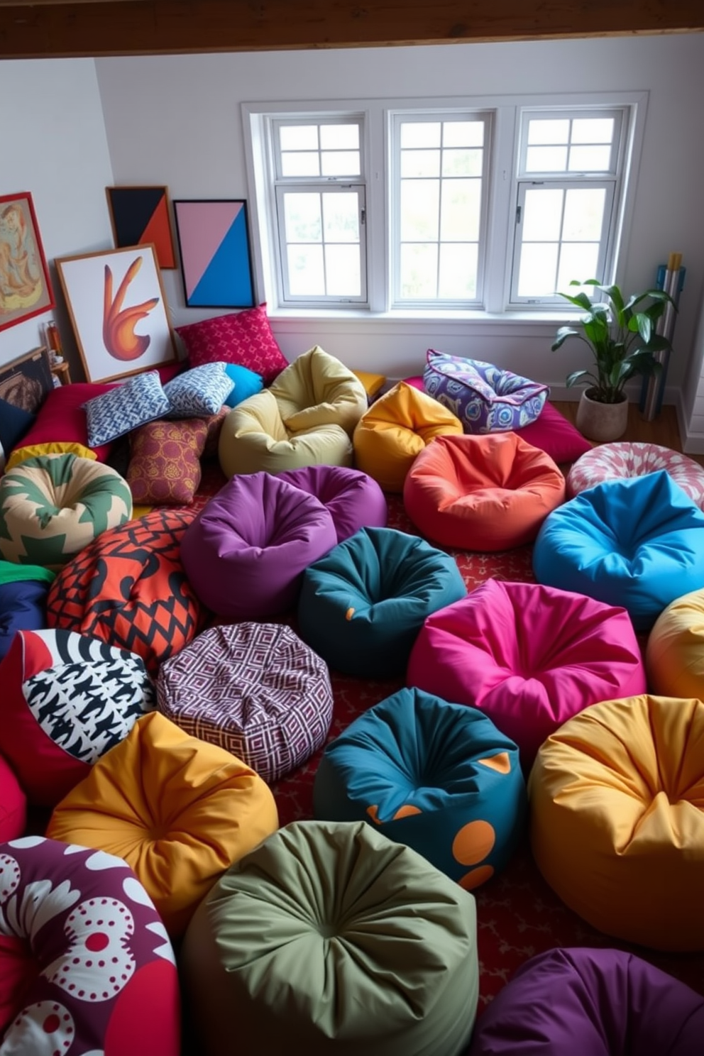 A vibrant living room filled with bean bags in various geometric shapes and designs. The bean bags are arranged in a cozy seating area, featuring bold colors and patterns that add a playful touch to the space.