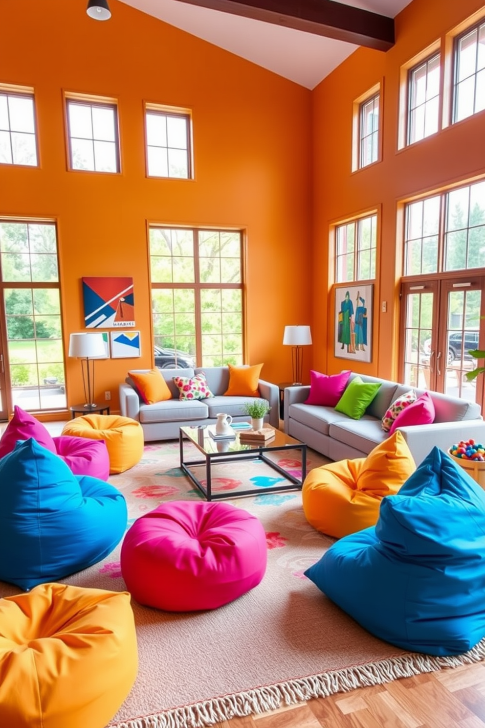 Colorful bean bags are scattered throughout the living room, adding a playful touch to the vibrant decor. The space features a cozy arrangement with a large area rug, where the bean bags are complemented by bright throw pillows and a lively coffee table. The walls are painted in a warm, inviting hue, creating a cheerful atmosphere. Large windows allow natural light to flood in, enhancing the colorful accents and making the room feel bright and welcoming.