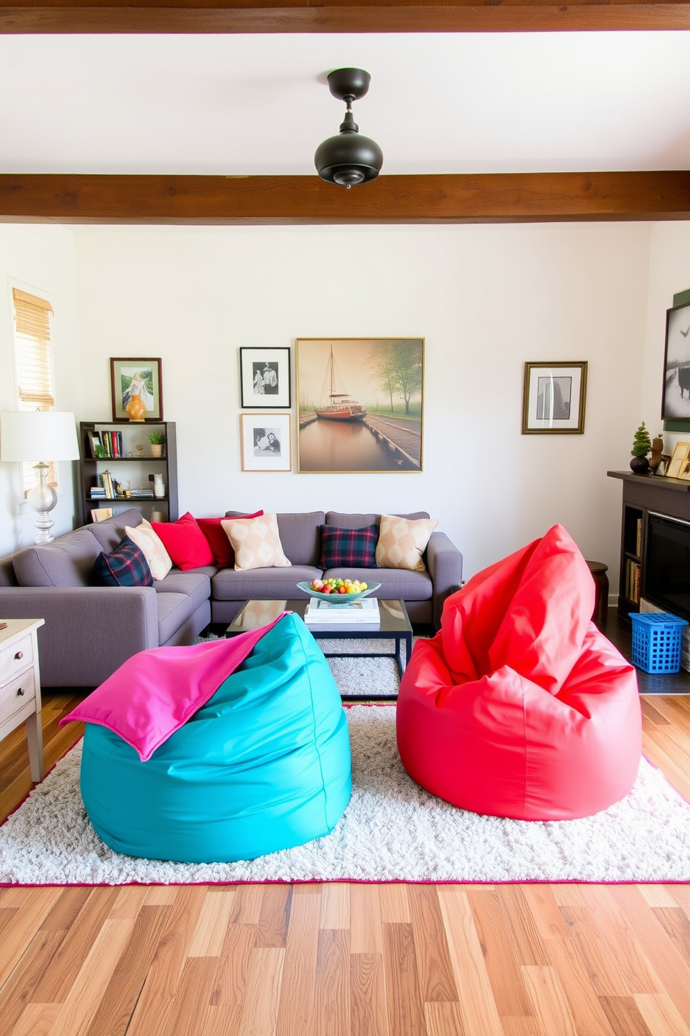 A cozy living room features vibrant bean bags as accent pieces in the corners, adding a playful touch to the decor. The room is designed with a comfortable seating arrangement, complemented by a soft area rug that ties the space together.