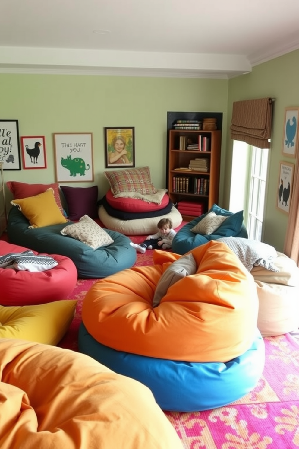 Layered bean bags are scattered across a vibrant living room, creating a playful and inviting atmosphere. The space features a mix of colors and textures, with oversized cushions and soft throws adding to the comfort. In one corner, a cozy reading nook is formed with a stack of bean bags in various sizes, encouraging relaxation and fun. The walls are adorned with playful artwork, and a bright rug ties the whole design together.