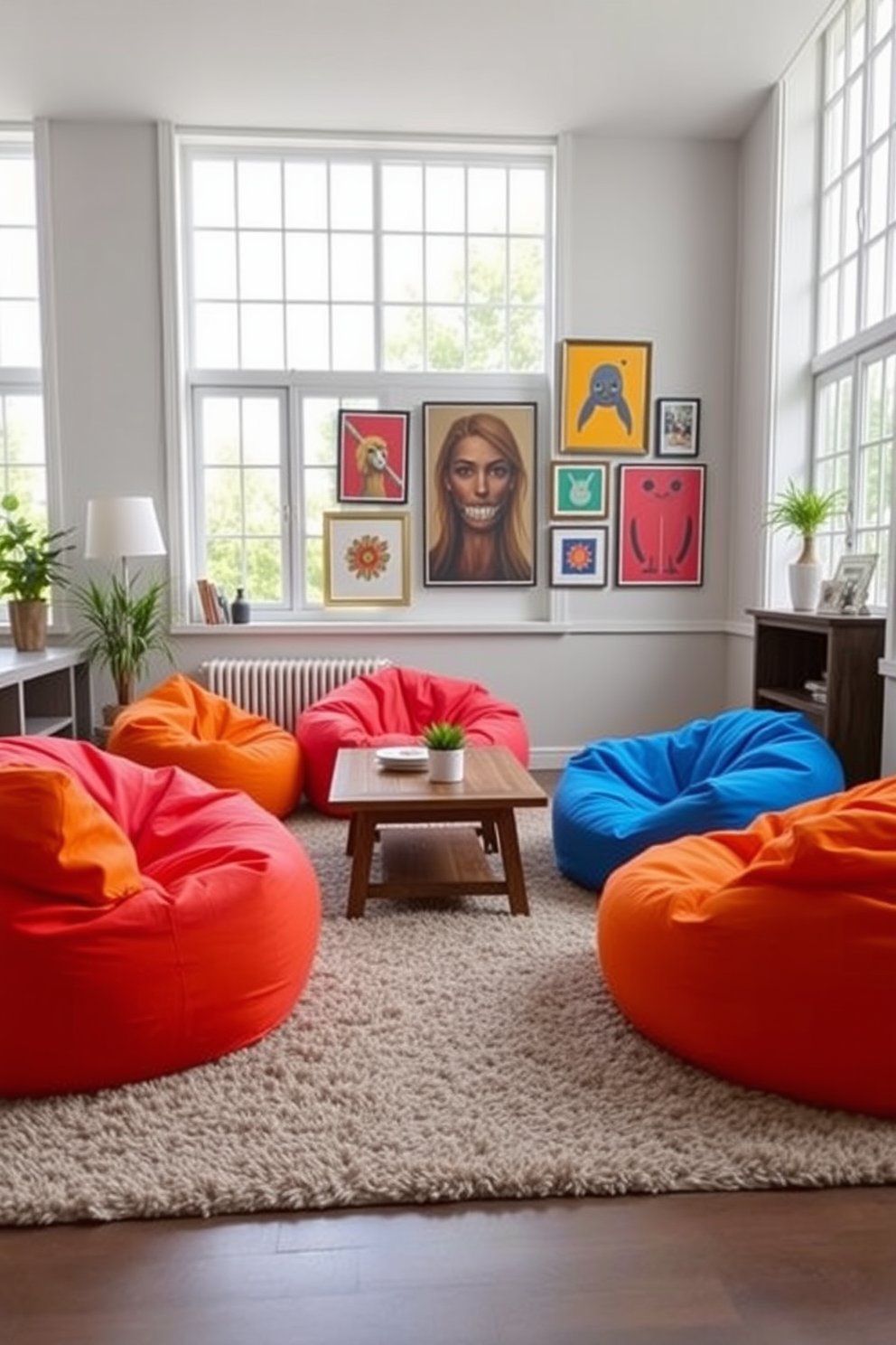 A cozy living room featuring bean bags in vibrant colors such as electric blue and bright orange. The bean bags are scattered around a low wooden coffee table, complemented by a plush area rug in a neutral tone. Large windows allow natural light to flood the space, highlighting the playful color contrasts of the bean bags. A gallery wall with framed artwork in bold hues adds an artistic touch to the room.