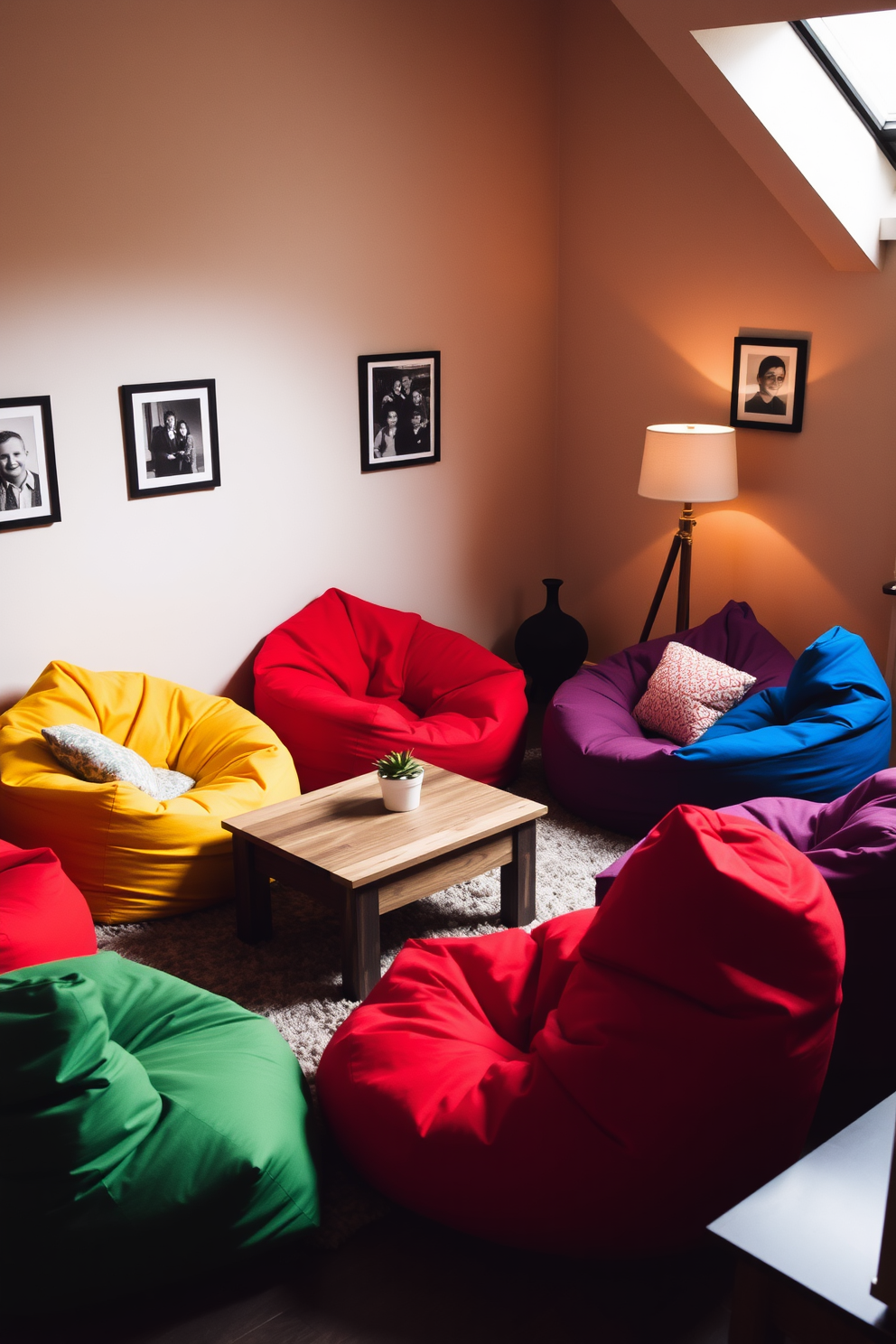 A cozy family gathering space features colorful bean bags arranged around a low wooden coffee table. Soft lighting from a nearby floor lamp creates a warm and inviting atmosphere, perfect for relaxation and conversation. The walls are adorned with family photos in simple frames, adding a personal touch to the room. A plush area rug anchors the seating area, providing comfort underfoot and enhancing the inviting ambiance.