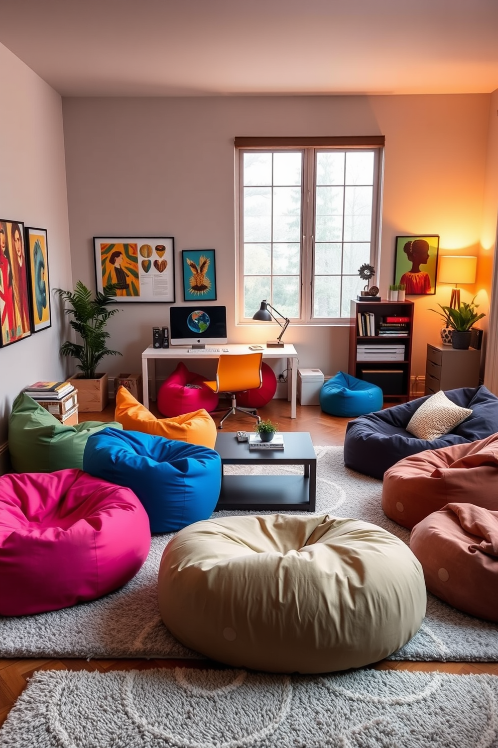 A playful home office featuring colorful bean bags scattered around a modern desk. The walls are adorned with vibrant artwork, and a large window allows natural light to fill the space. A cozy living room designed with oversized bean bags in various textures and colors. The room includes a low coffee table, a plush rug, and ambient lighting for a relaxed atmosphere.