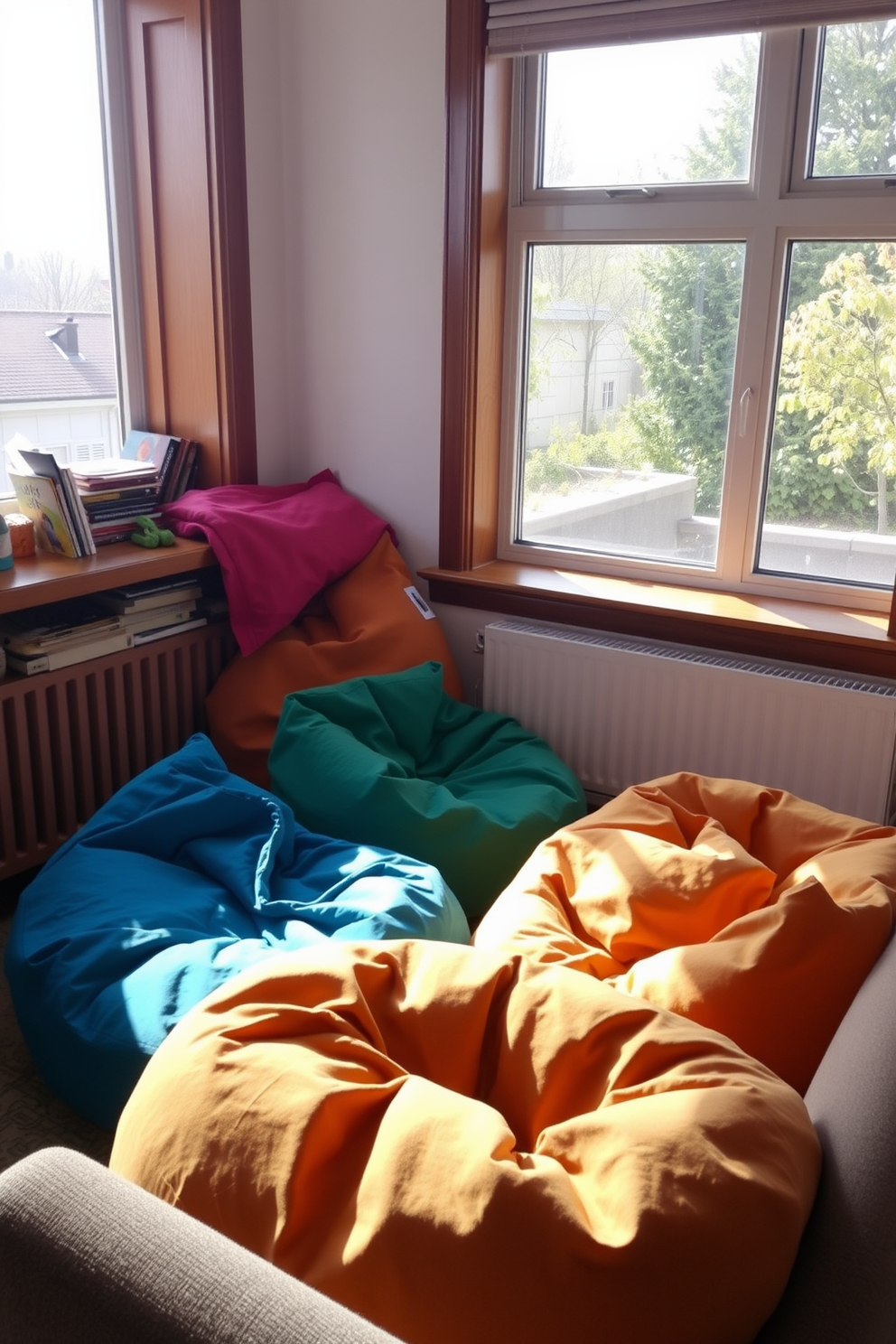 A cozy living room featuring a sunlit window seat adorned with colorful bean bags. The space is filled with natural light, creating a warm and inviting atmosphere for relaxation and leisure.