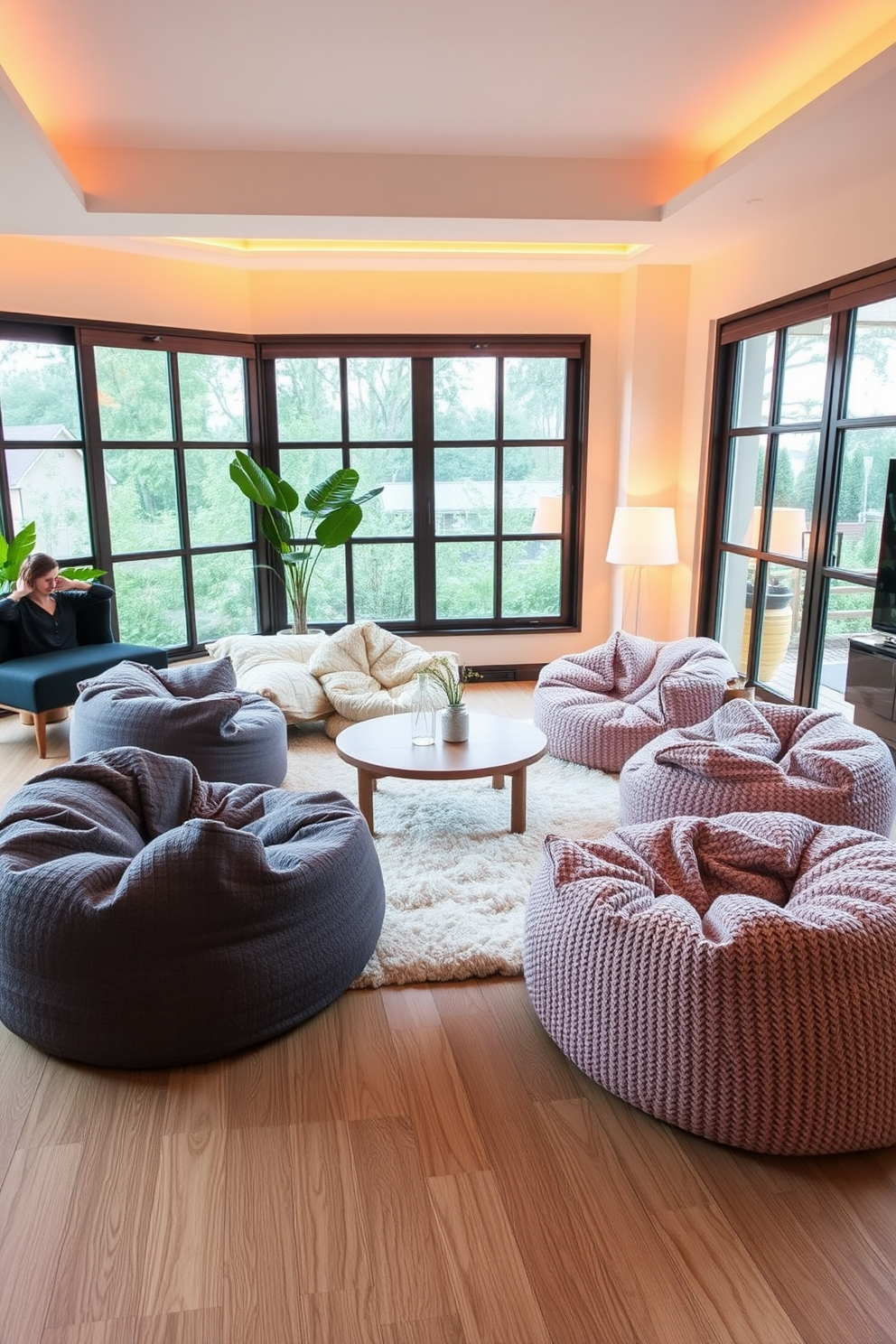 Textured bean bags are scattered throughout the living room, providing a cozy and inviting atmosphere. The color palette features soft pastels, complemented by warm lighting that enhances the overall comfort of the space. The bean bags are arranged around a low wooden coffee table, creating an informal gathering area. A plush area rug adds warmth to the floor, while large windows allow natural light to flood the room, highlighting the textures of the bean bags.