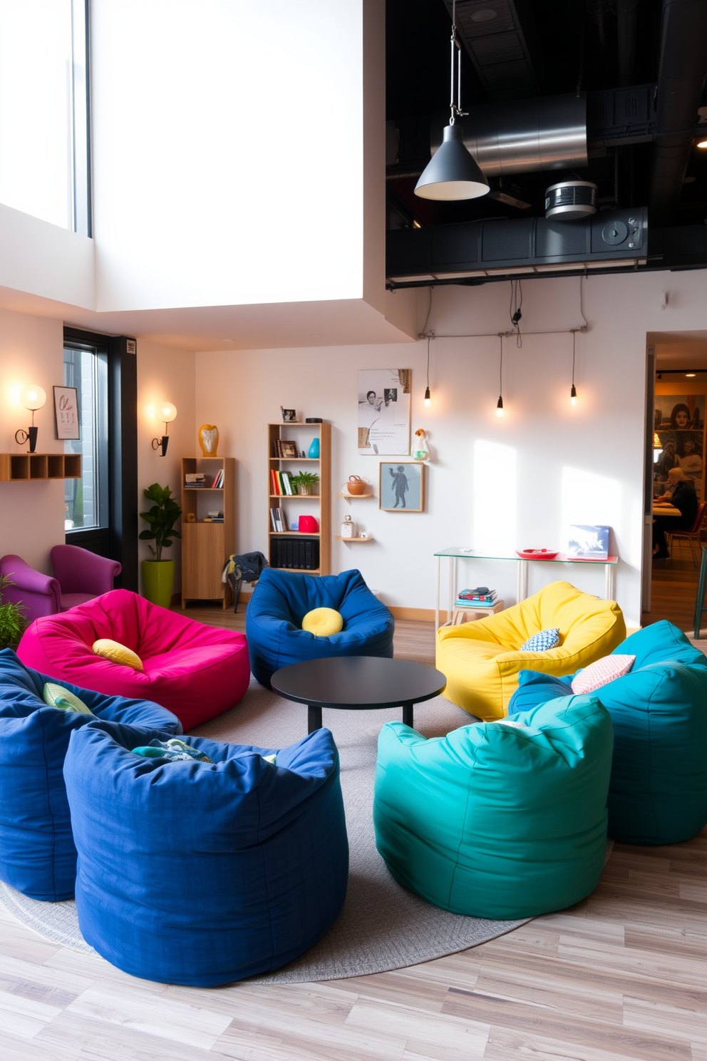 A cozy bohemian living room filled with vibrant colors and eclectic patterns. The room features a large area rug with intricate designs and several oversized bean bags scattered around for casual seating. Natural light pours in through large windows adorned with sheer curtains. Potted plants in various sizes add a touch of greenery and enhance the relaxed atmosphere.