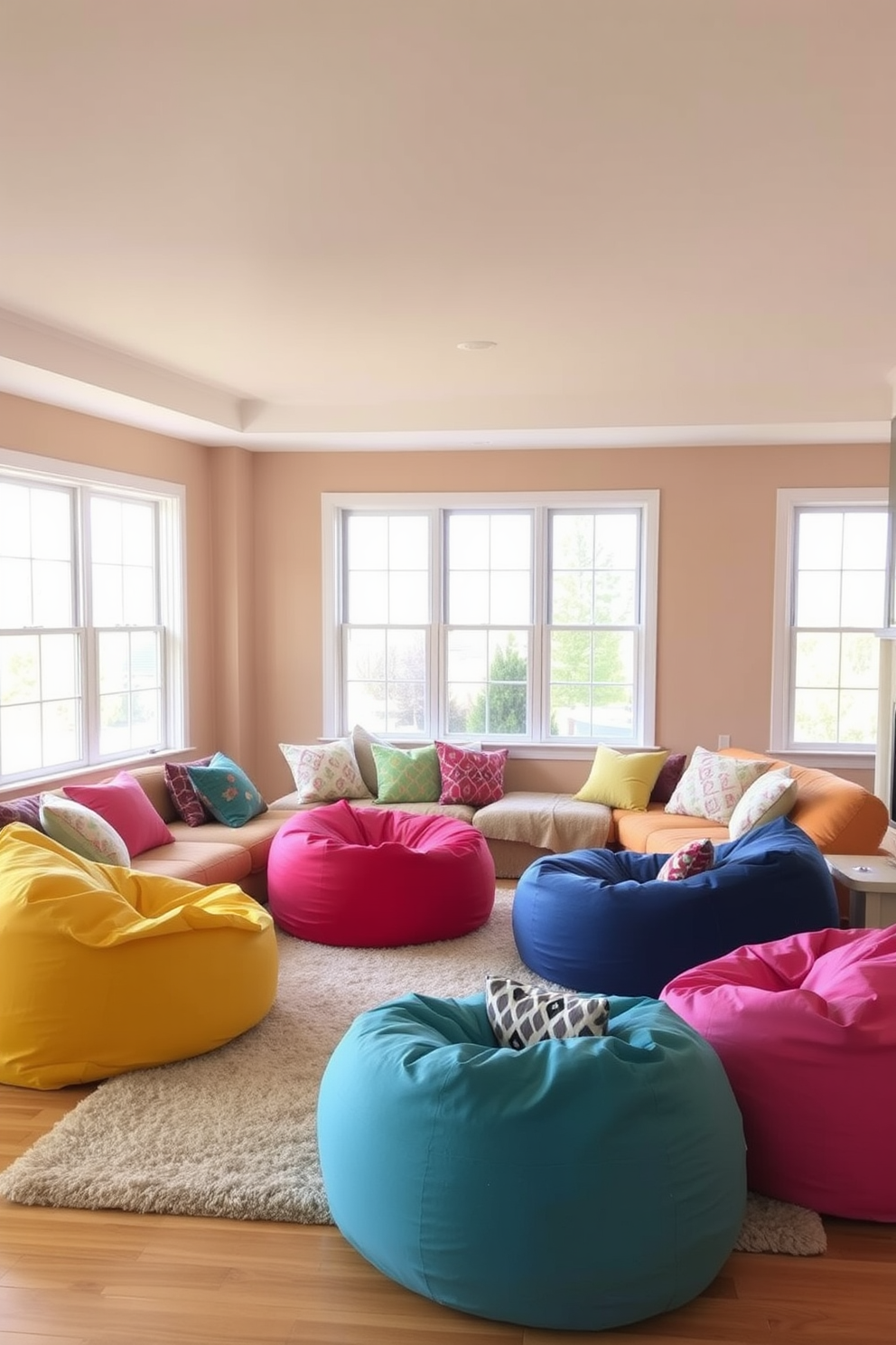 A cozy living room featuring colorful bean bags with removable washable covers arranged in a casual seating area. The space is brightened by natural light streaming in through large windows, complemented by a soft area rug underneath the bean bags. A playful design incorporating various sizes and shapes of bean bags, creating a relaxed and inviting atmosphere. The walls are painted in a warm neutral tone, enhancing the comfort of the room while decorative cushions add a pop of color.