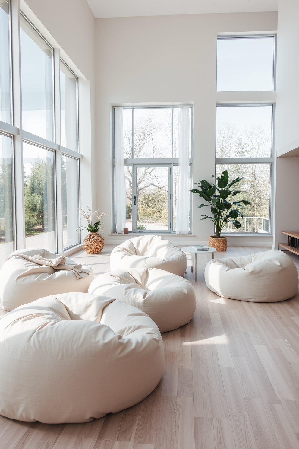 A cozy living room featuring neutral tones creates a calming atmosphere. Plush bean bags in soft beige and light gray are scattered around a low wooden coffee table. The walls are painted in a warm cream color, enhancing the serene vibe of the room. A large, textured area rug in muted earth tones anchors the seating area, inviting relaxation and comfort.