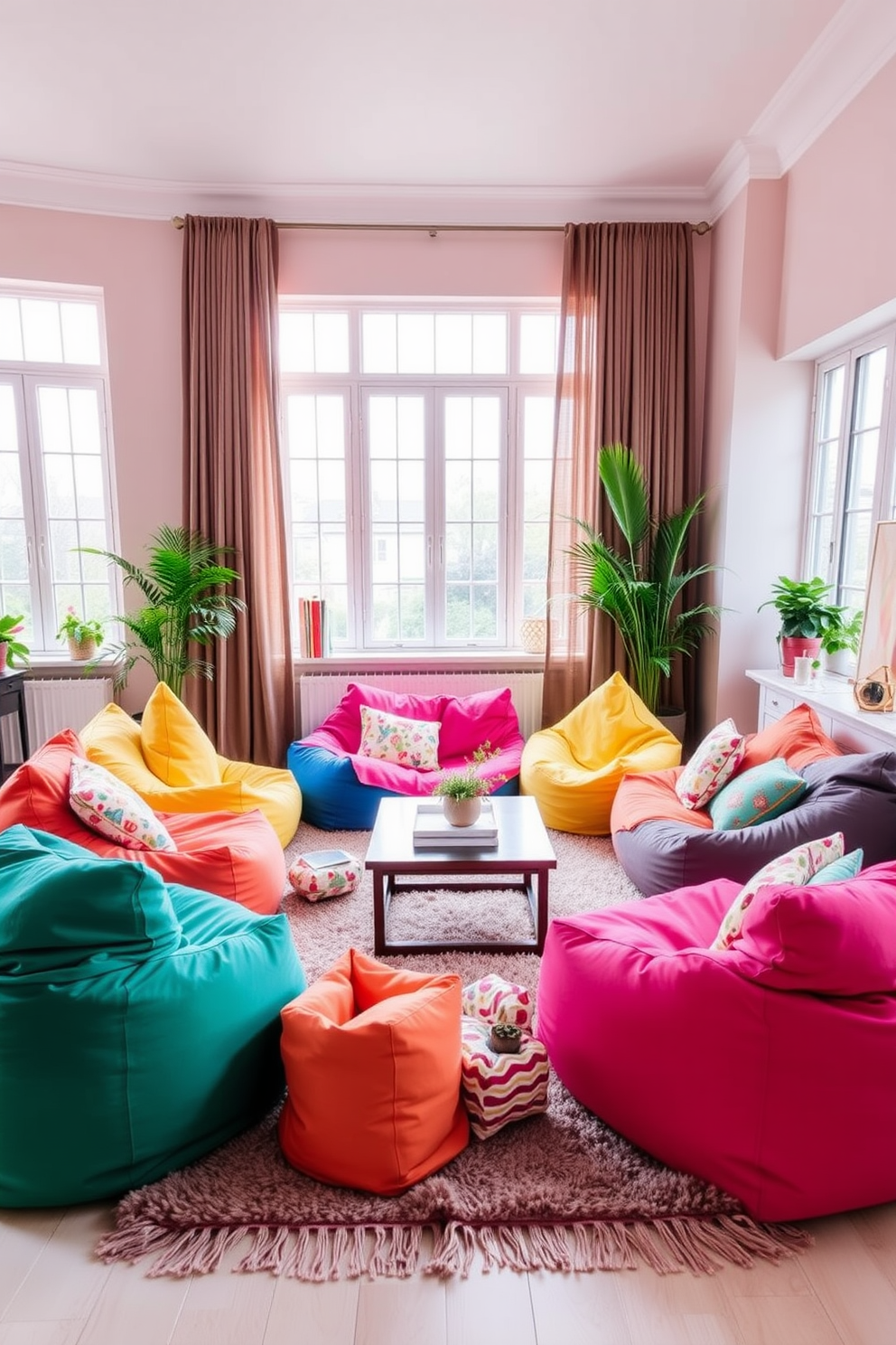 A vibrant living room featuring bean bags as the focal point of the decor. The space is filled with colorful bean bags in various shapes and sizes, arranged around a low coffee table, creating a casual and inviting atmosphere. The walls are painted in a soft pastel color that complements the bean bags. Large windows allow natural light to flood the room, highlighting a cozy rug that ties the seating area together.