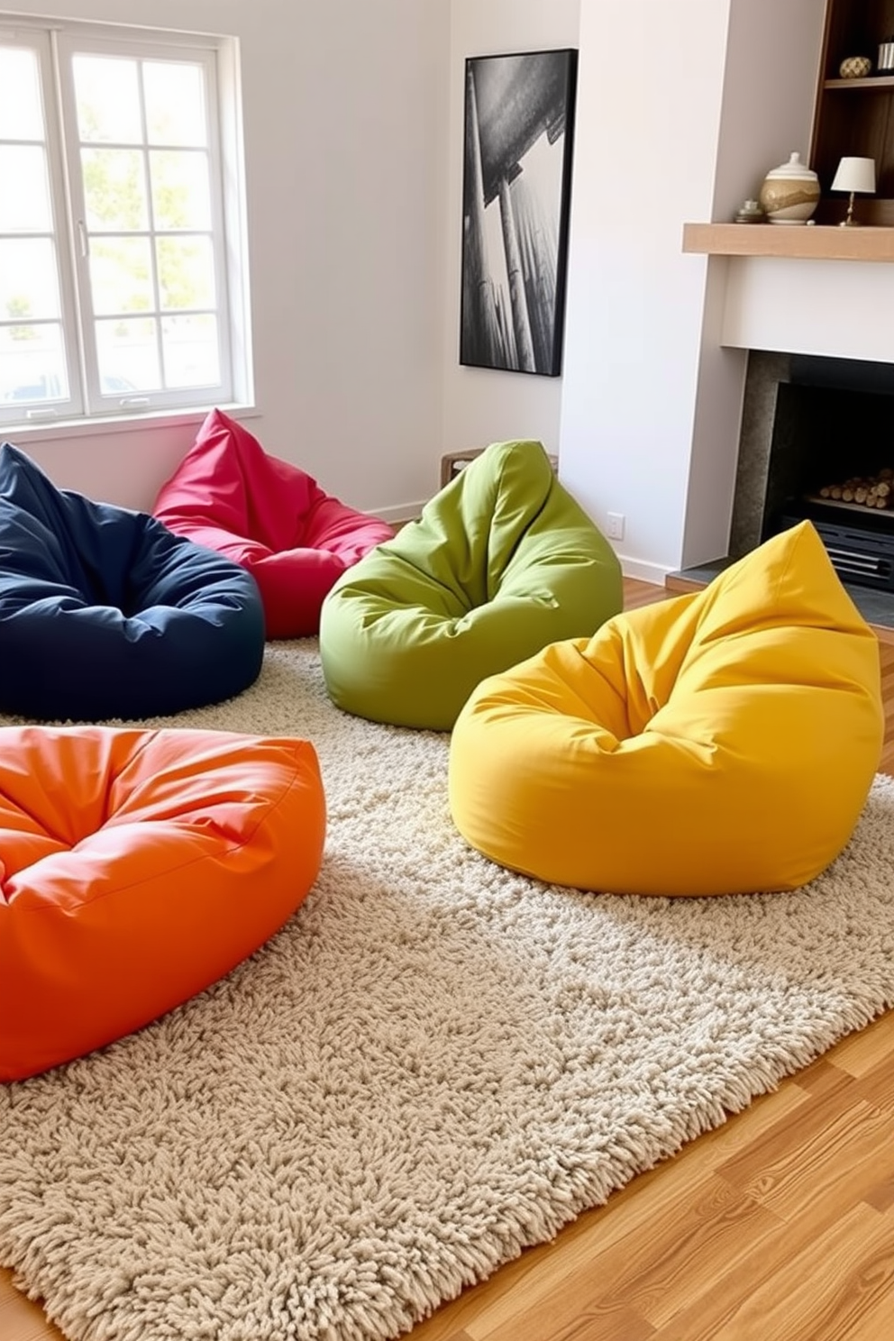 A cozy living room featuring layered textures with colorful bean bags scattered around. The floor is adorned with a plush area rug that complements the vibrant hues of the bean bags, creating an inviting and relaxed atmosphere.