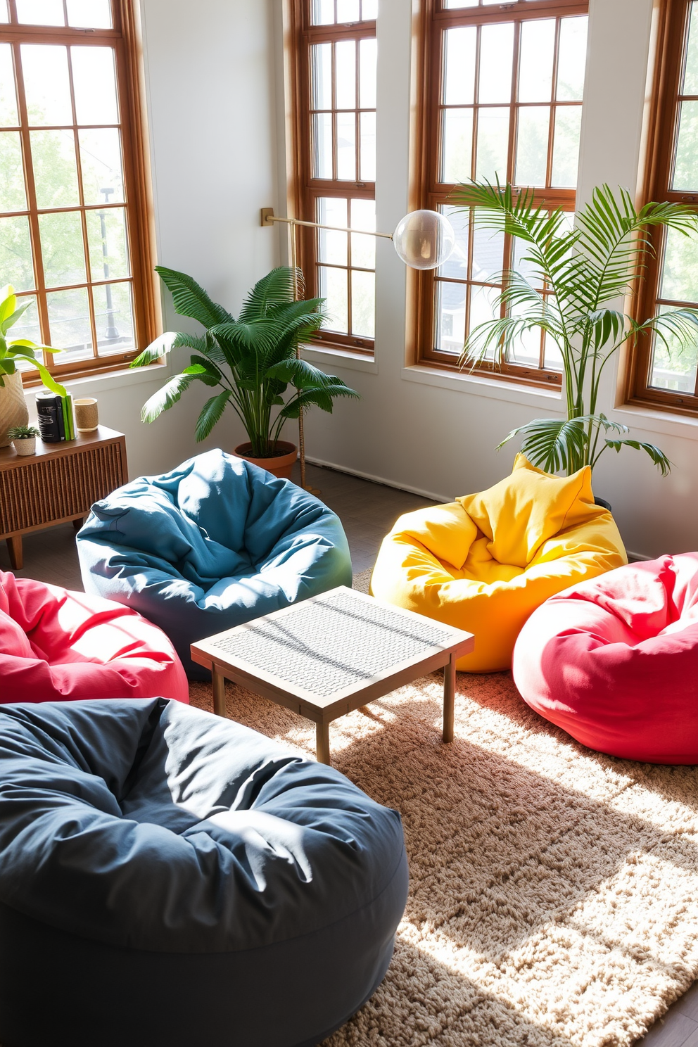 A cozy living room setting featuring colorful bean bags as casual seating alternatives. The bean bags are arranged around a low coffee table with a textured surface, creating an inviting space for relaxation and conversation. Natural light streams in through large windows, illuminating the soft textures and vibrant colors of the bean bags. A plush area rug anchors the seating area, adding warmth and comfort to the overall design.