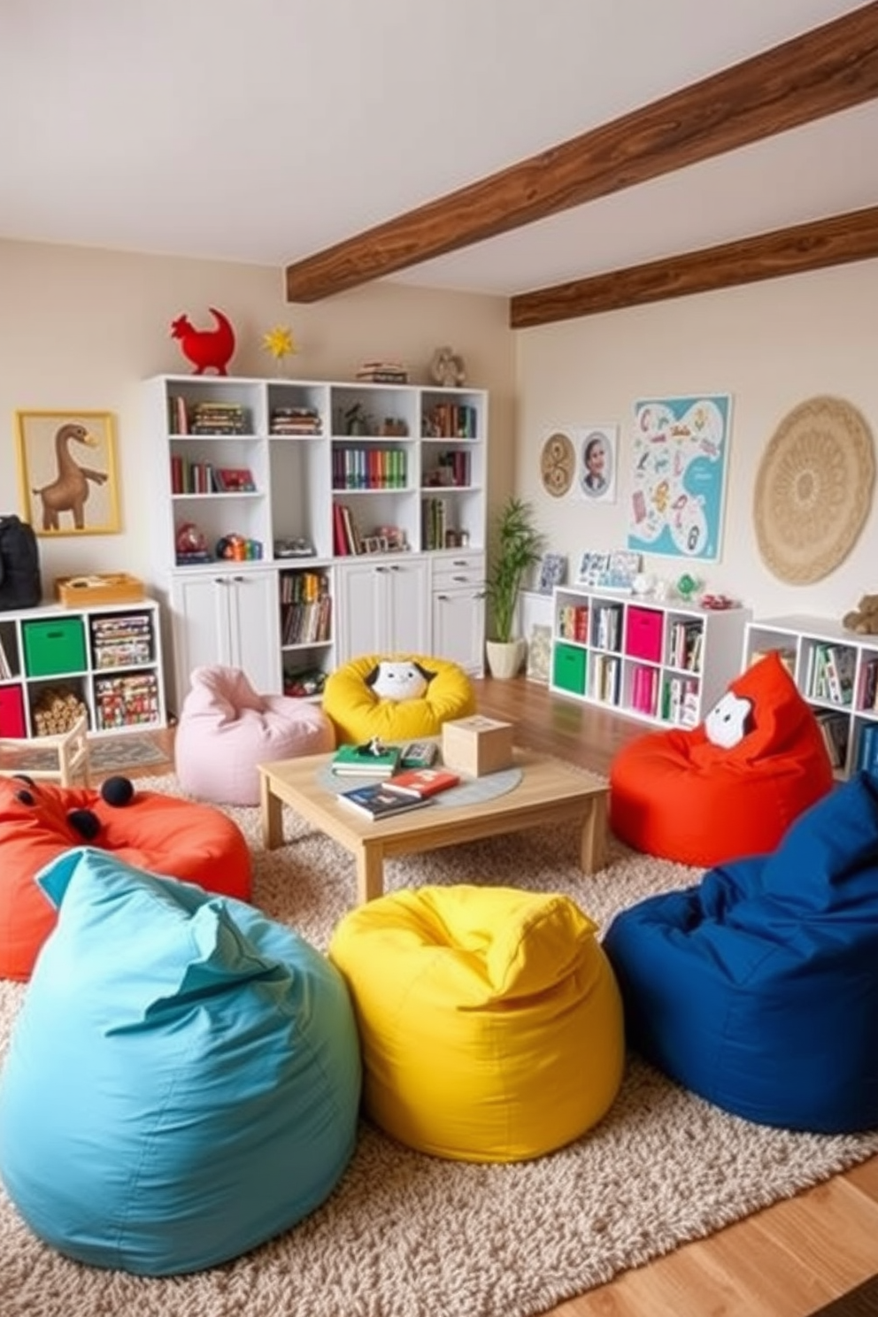 Themed bean bags for kids playroom. Brightly colored bean bags shaped like animals are scattered across a soft, plush rug in a whimsical playroom filled with toys and books. Bean Bag Living Room Design Ideas. A cozy living room features oversized bean bags in vibrant hues, arranged around a low coffee table, creating an inviting space for relaxation and socializing.