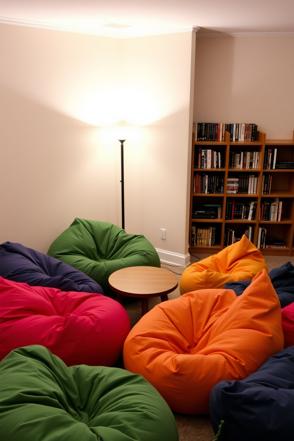 A cozy reading nook is created with oversized bean bags in vibrant colors arranged around a small, round wooden table. Soft, ambient lighting from a nearby floor lamp enhances the inviting atmosphere, while a bookshelf filled with an eclectic mix of novels lines the wall. In the living room, a playful arrangement of bean bags in various shapes and sizes invites relaxation and conversation. The design incorporates a neutral color palette with pops of color from the bean bags, creating a fun and casual space for family and friends to gather.