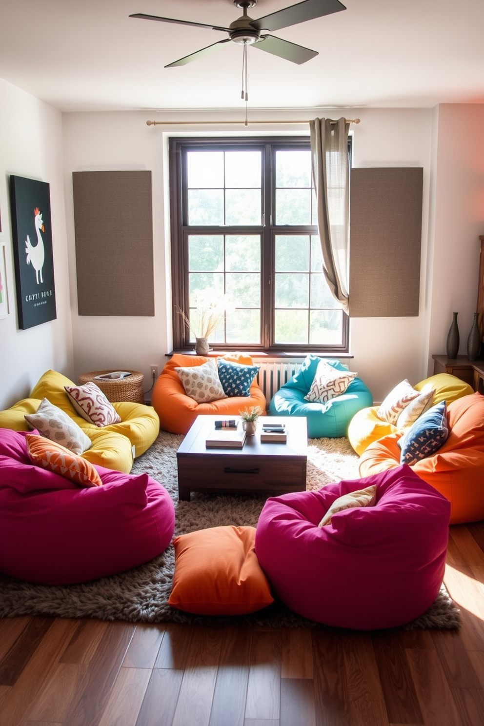 A cozy living room featuring vibrant bean bags paired with soft floor cushions in various colors. The space is designed for relaxation, with a low coffee table in the center and a large window allowing natural light to fill the room. The walls are adorned with playful artwork, and a plush area rug anchors the seating arrangement. Decorative throw pillows add an extra layer of comfort, creating an inviting atmosphere perfect for lounging or entertaining guests.