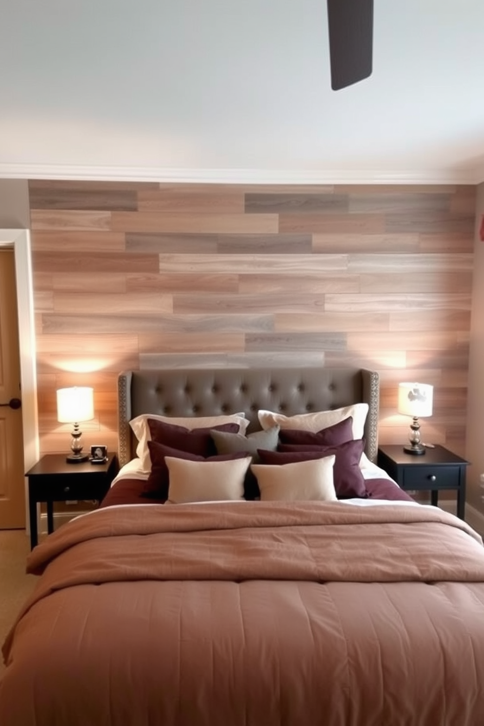 A cozy bedroom featuring an accent wall made of reclaimed wood paneling that adds warmth and character to the space. The rest of the walls are painted in a soft neutral tone to complement the rustic aesthetic. A plush bed with a tufted headboard is positioned against the accent wall, adorned with layered bedding in earthy tones. Flanking the bed are stylish nightstands with vintage lamps that provide a warm glow for evening relaxation.