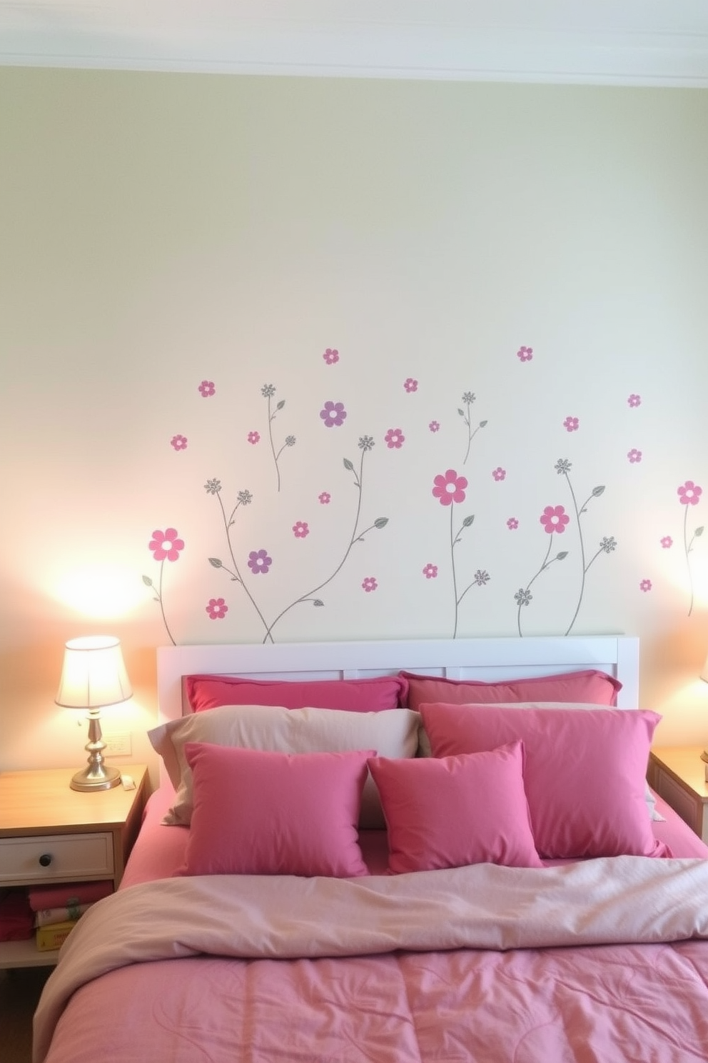 A cozy bedroom features an accent wall adorned with removable decals in a playful floral pattern. The rest of the walls are painted in a soft pastel hue, creating a harmonious and inviting atmosphere. The bed is positioned against the accent wall, with plush bedding in complementary colors. Soft lighting from bedside lamps enhances the overall warmth and charm of the space.