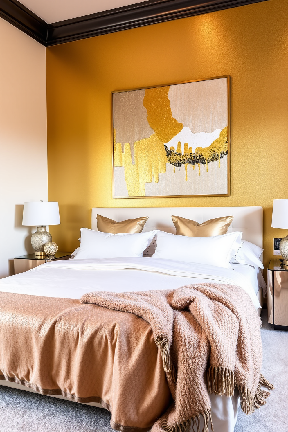 A glamorous bedroom featuring an accent wall painted in metallic gold. The rest of the walls are a soft cream color, complementing the luxurious bedding and decor. The accent wall is adorned with a large piece of abstract art that incorporates shades of gold and silver. Plush pillows and a textured throw blanket add depth and comfort to the overall design.